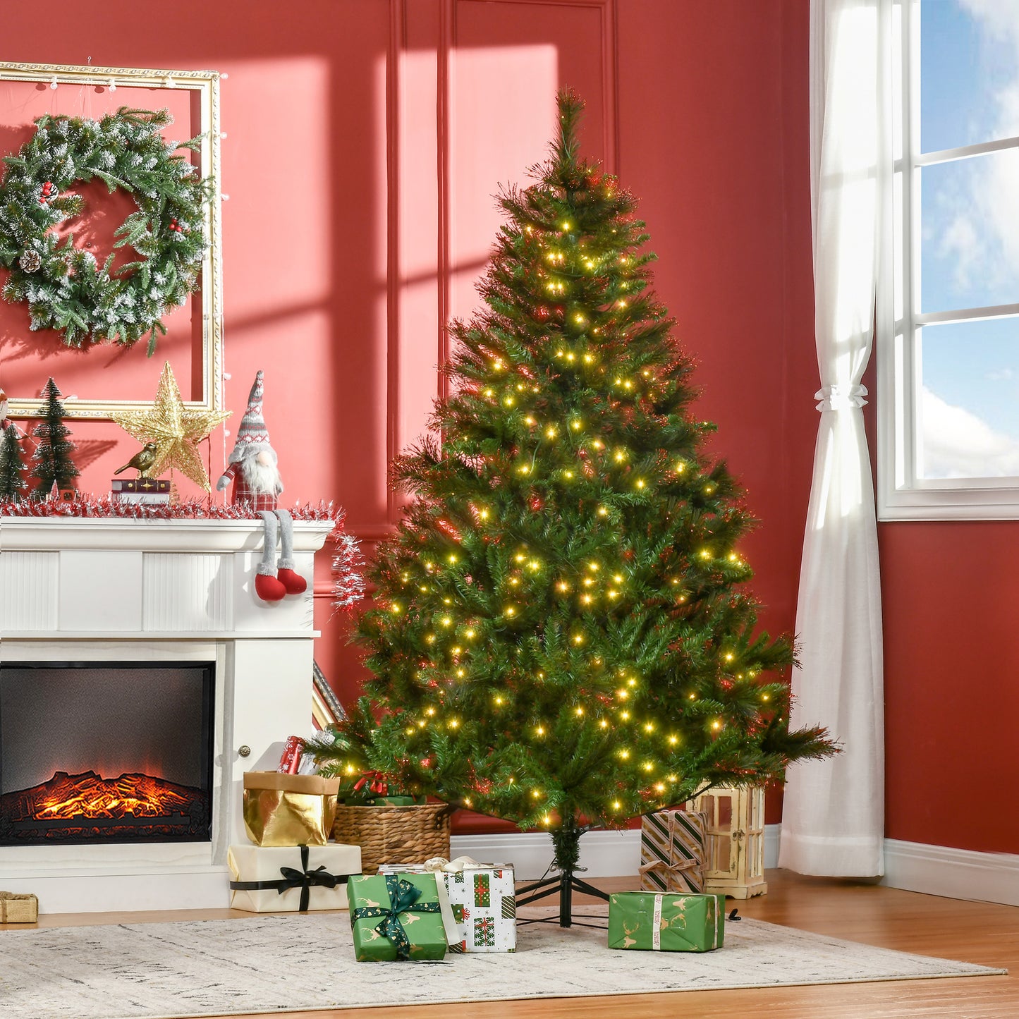 HOMCOM 1.8m 6ft Pre-Lit Christmas Tree Artificial Spruce Xmas Tree Warm White LED Holiday DÃ©cor with Metal Stand