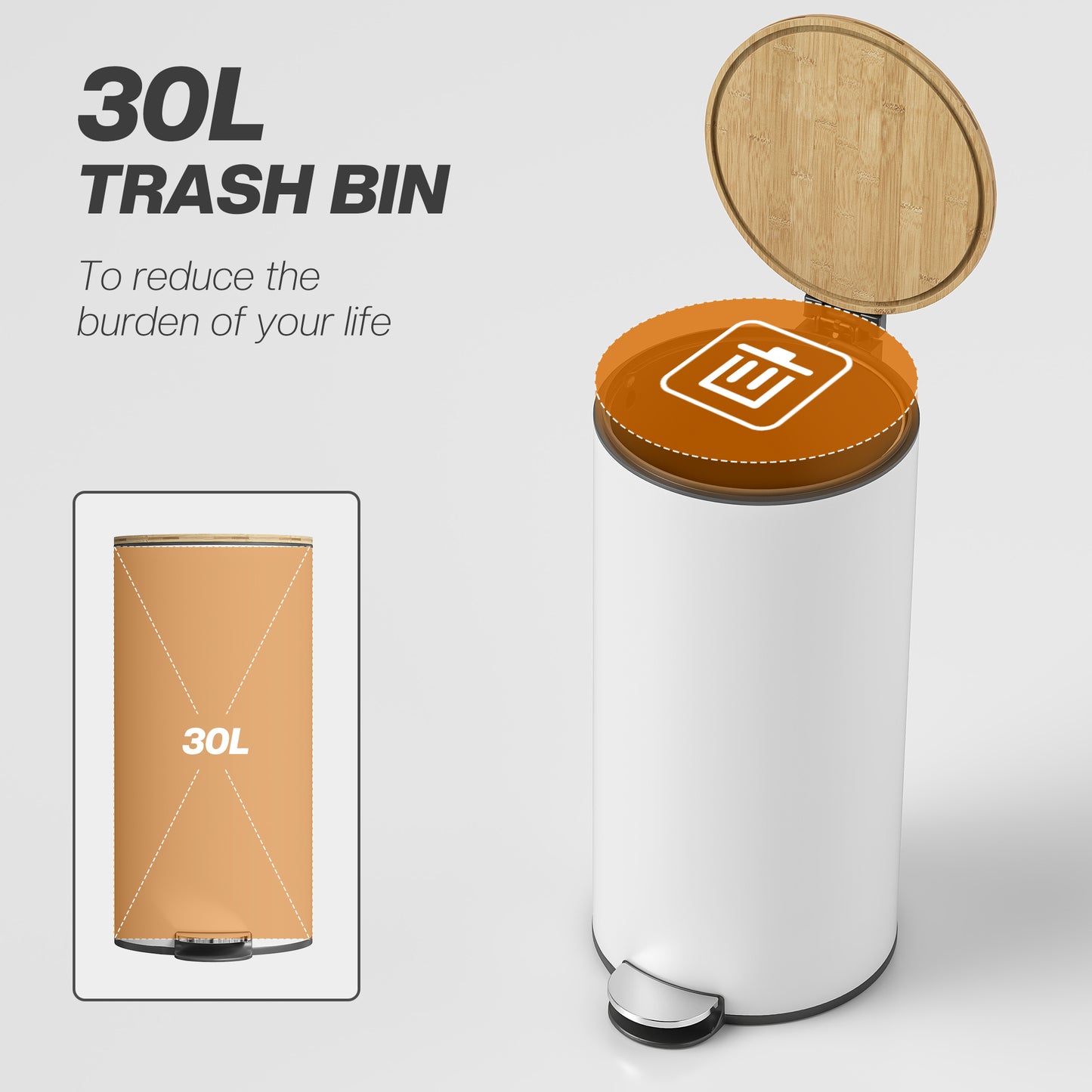 HOMCOM Kitchen Bin, 30 Litre Pedal Rubbish Bin with Removable Bucket, White and Natural