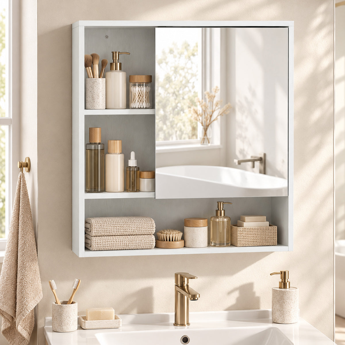HOMCOM Bathroom Mirror Cabinet, Wall-Mounted Bathroom Cabinet with Mirror Door, Adjustable Shelves, White