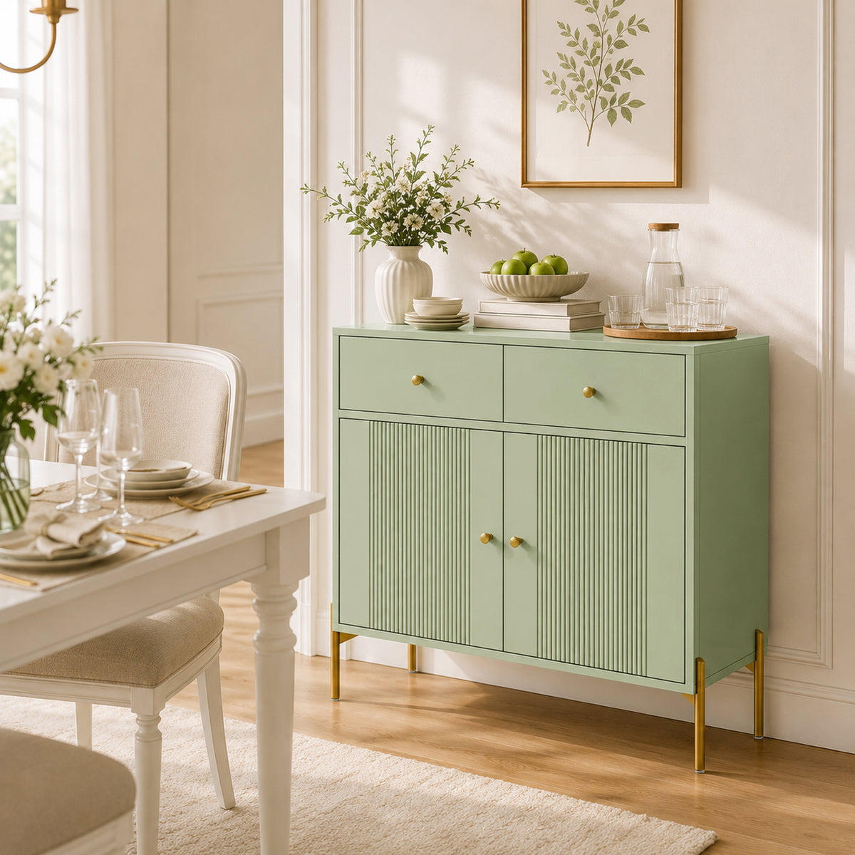 HOMCOM Modern Sideboard, Sideboard Storage Cabinet with 2 Drawers and Adjustable Shelf for Living Room, Light Green