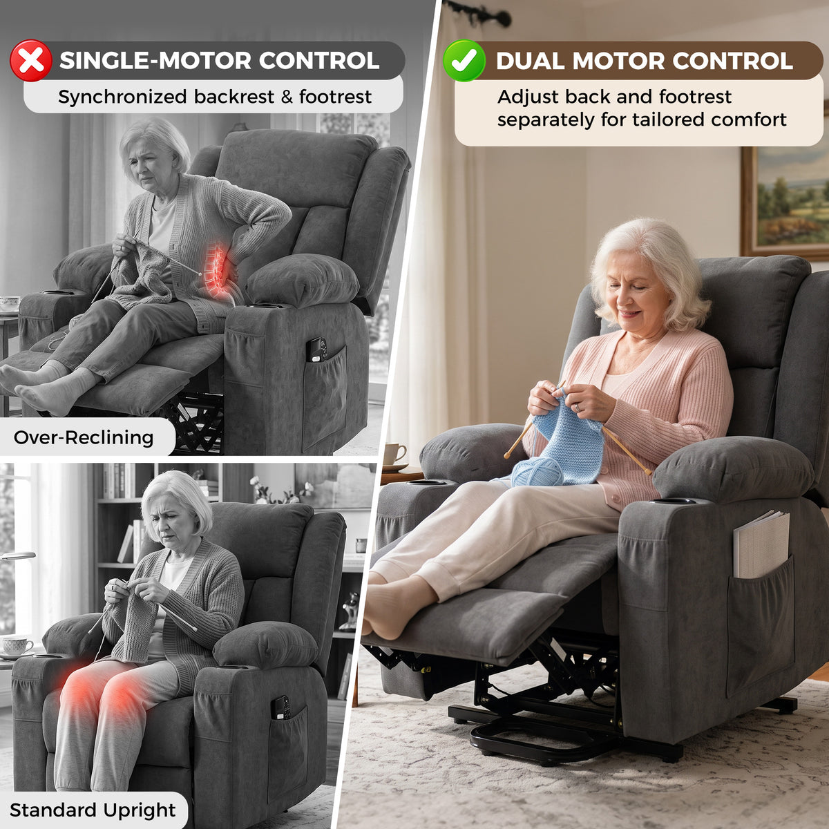 HOMCOM Dual Motor Recliner Chair, 55Â° Electric Lift Chair for Elderly, Recliner Armchair with Massage and Heat, Dark Grey