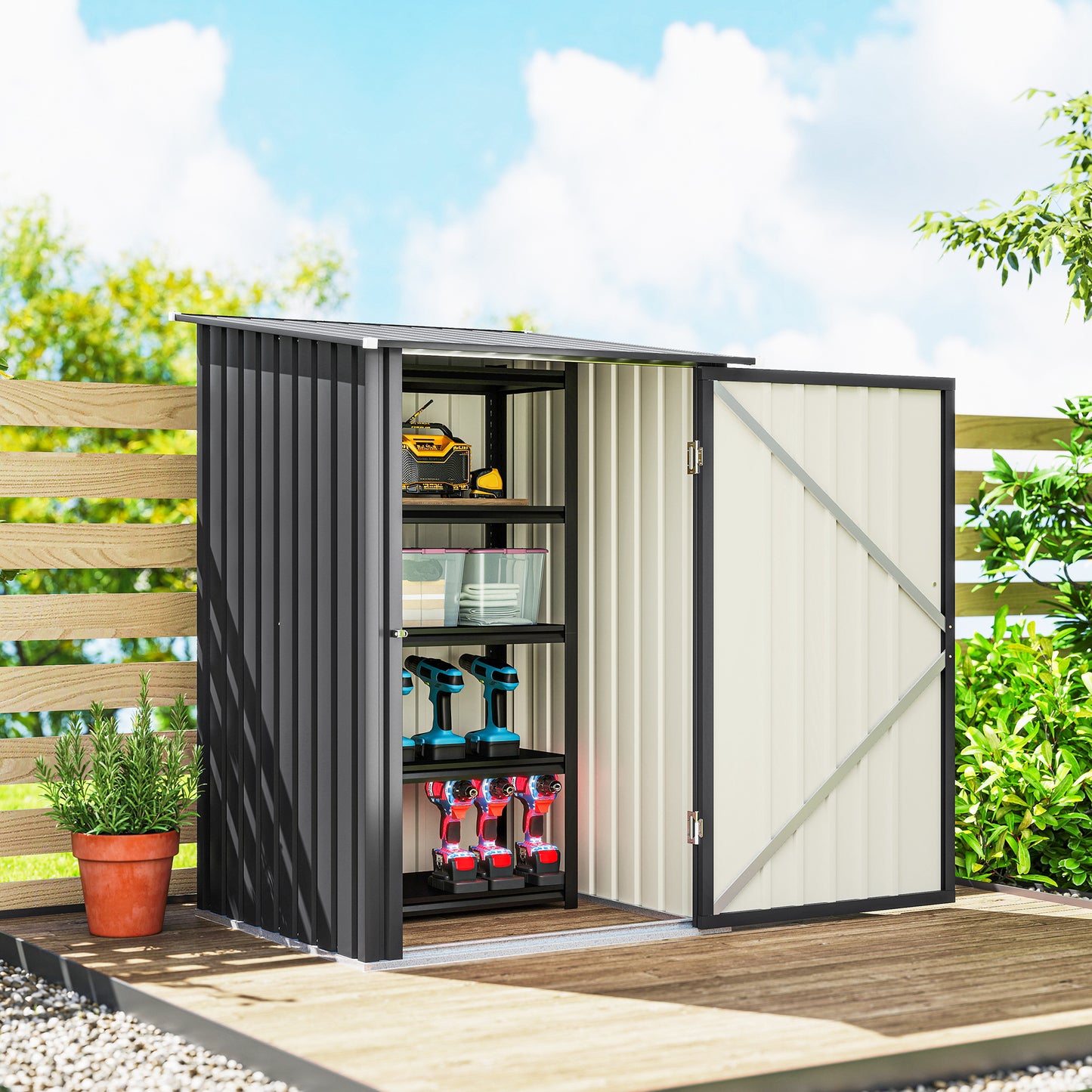 Outsunny 3.3 x 3.4ft Lean To Steel Garden Shed, with Locking Door - Dark Grey