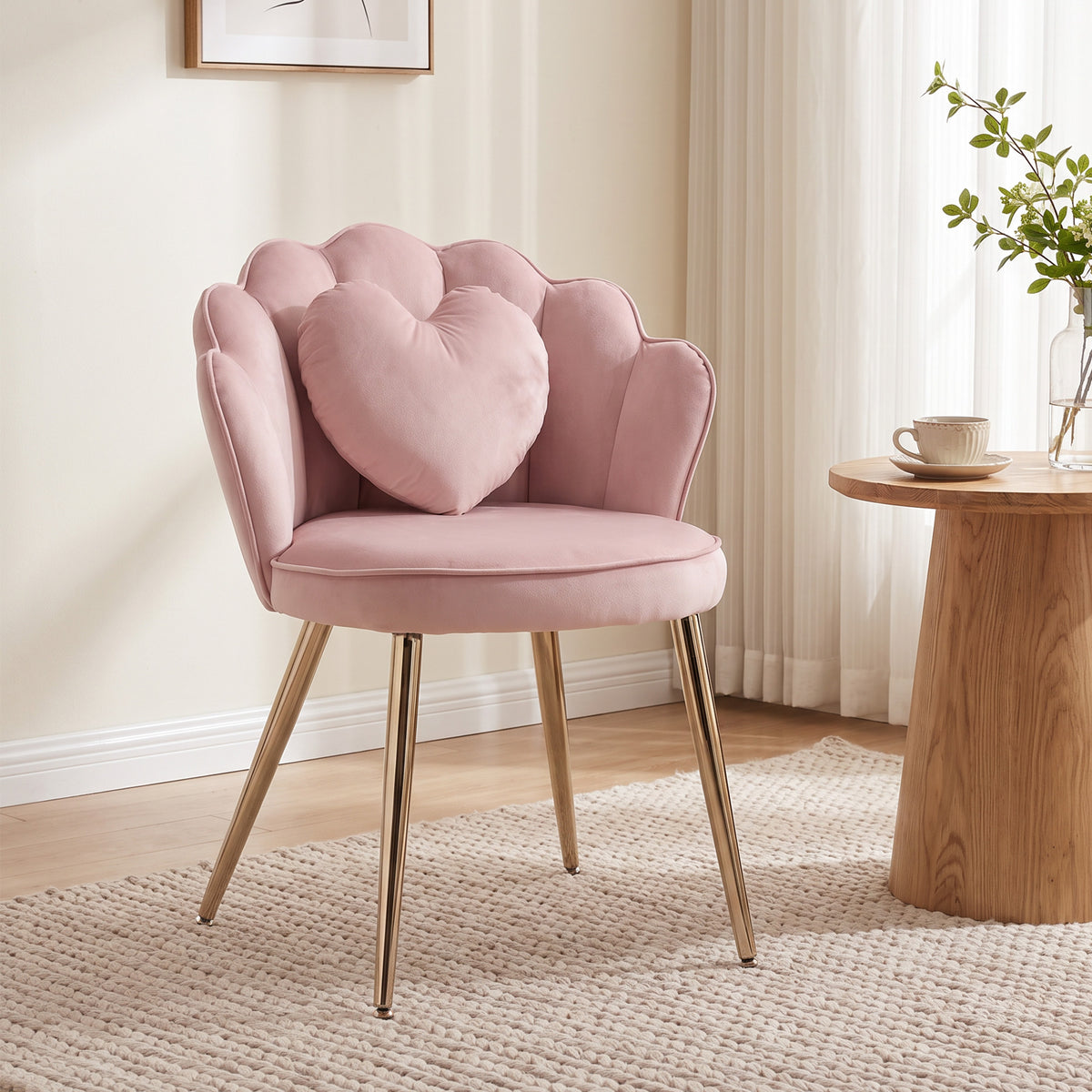 HOMCOM Accent Chair Velvet Upholstered Armchair Lotus Back Heart Pillow Lumbar Pillow Metal Legs Soft Pink