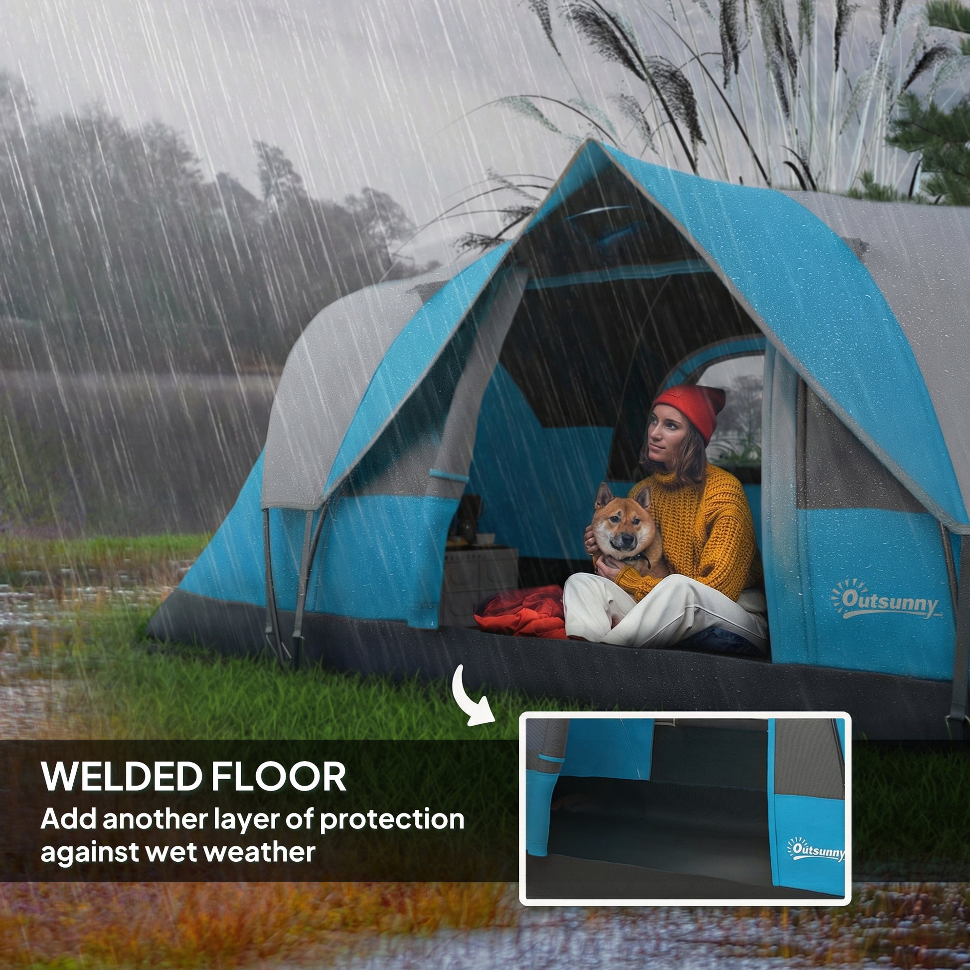 Outsunny 5 Man Camping Tent, Large Tunnel Tent, Water Resistant Hiking Shelter with Groundsheet and Carry Bag, Light Blue