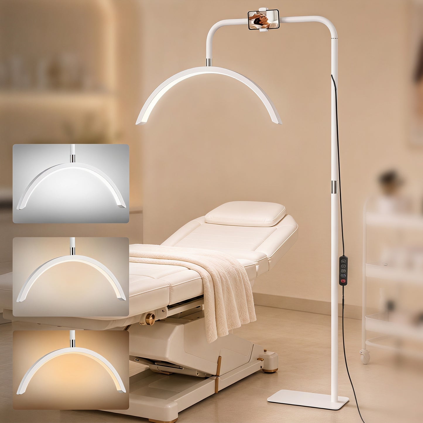 HOMCOM Half Moon Lash Light, 350Â° Rotatable Head, 7 Colours, Dimmable Beauty Floor Lamp, White