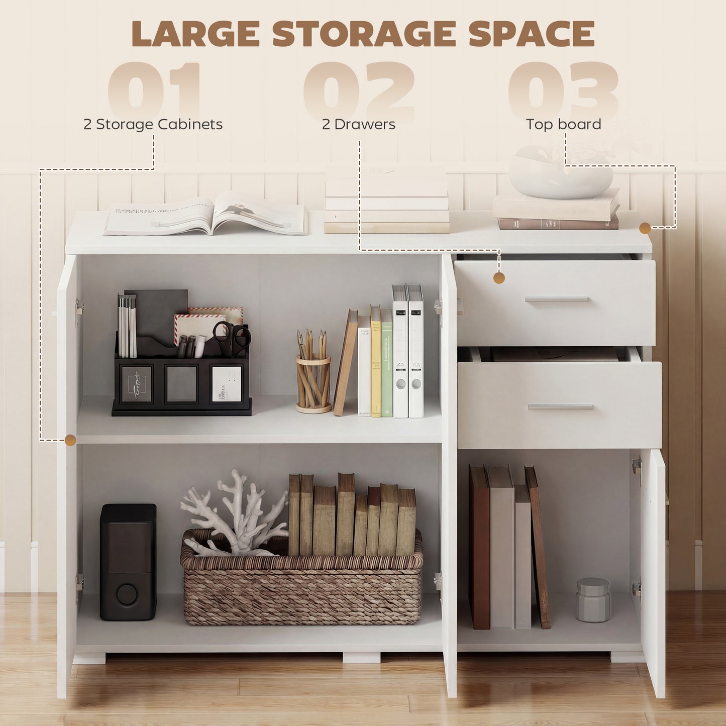 HOMCOM Sideboard, Modern Storage Cabinet with 2 Drawers, 3 Doors and Adjustable Shelves, White