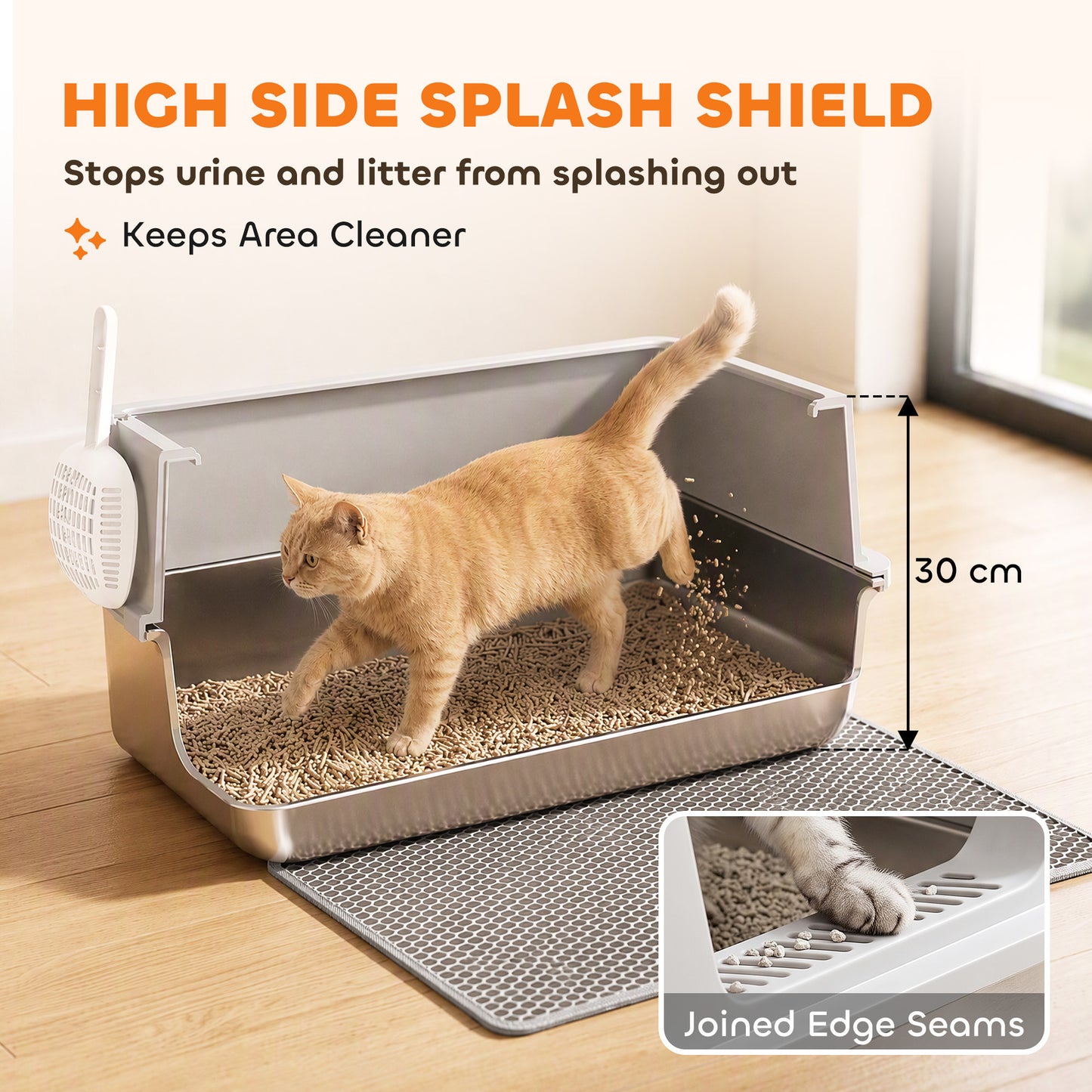 PawHut XL Stainless Steel Cat Litter Tray with Lid, High Sided Cat Litter Box with Scoop and Mat, Light Grey
