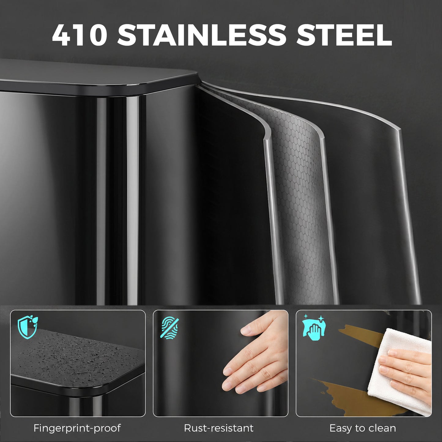 HOMCOM 50L Kitchen Bin, Metal Pedal Rubbish Bin with Soft Close and Stay-Open Lid, Removable Inner Bucket, High Gloss Black