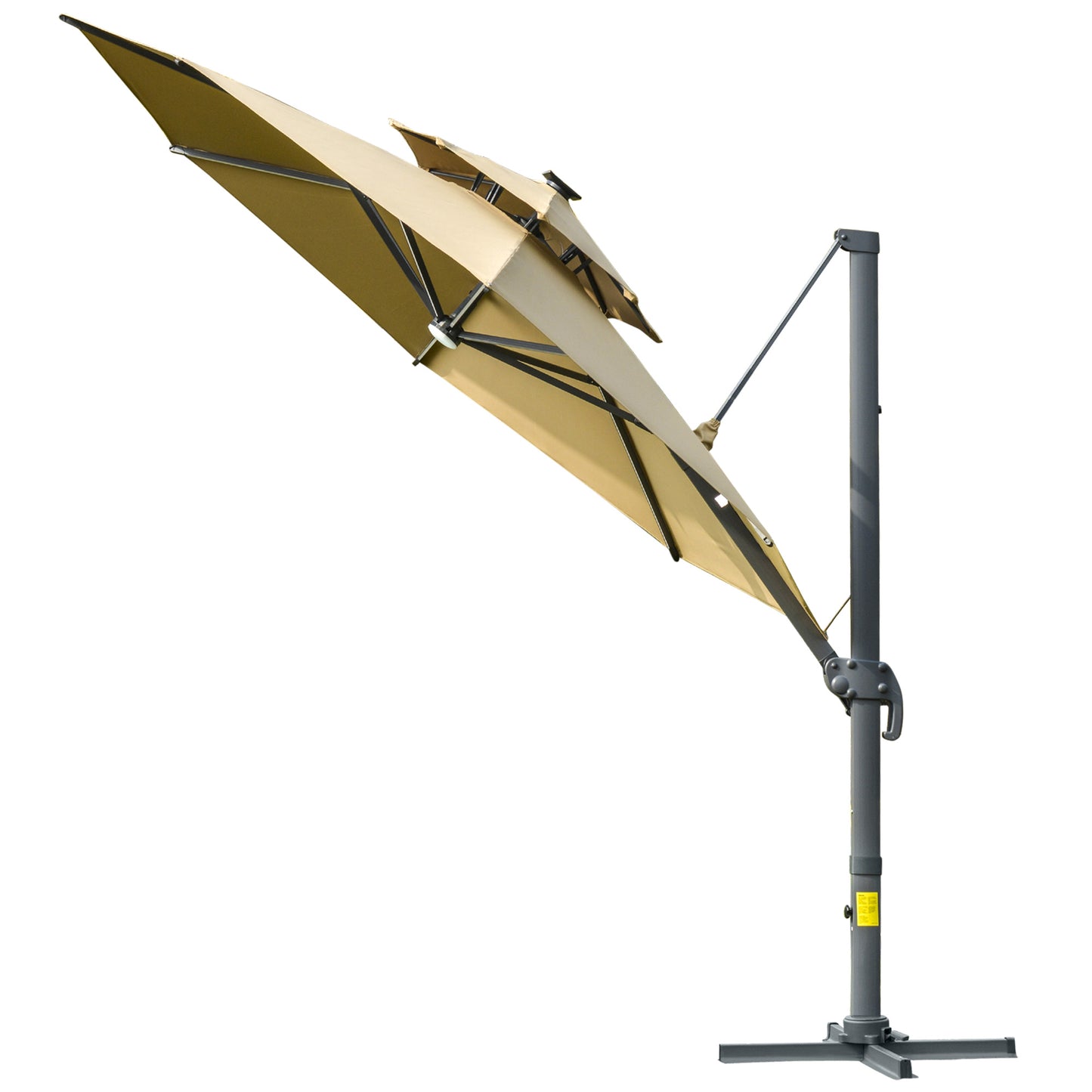 Outsunny 3m Cantilever Parasol w/ Solar Lights Power Bank Base 360Â° Spin Khaki