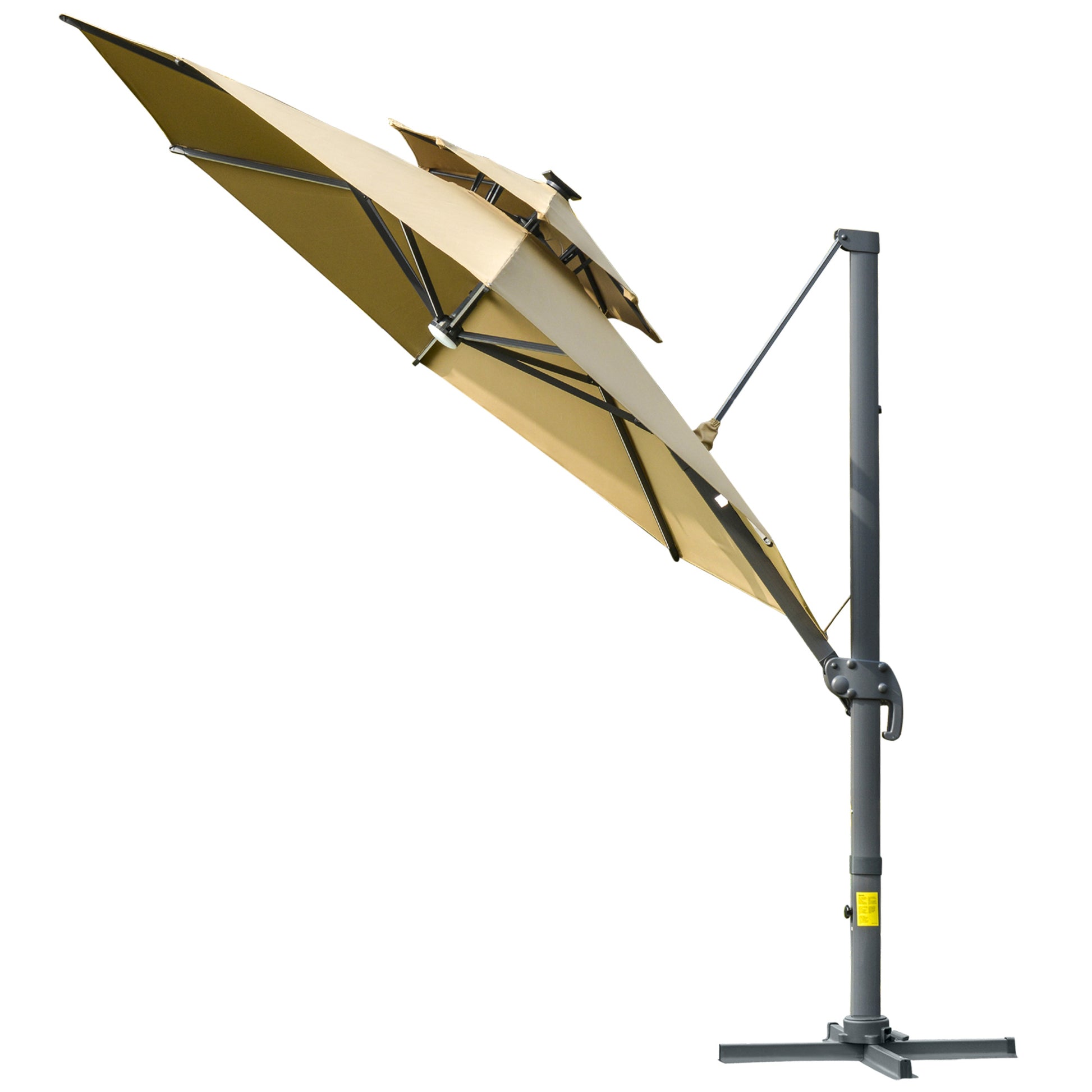 Outsunny 3m Cantilever Parasol w/ Solar Lights Power Bank Base 360Â° Spin Khaki