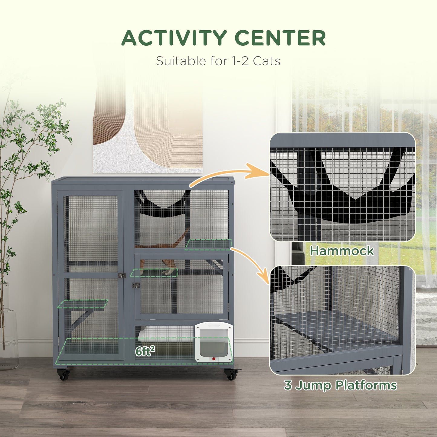 PawHut Cat House, Wooden Indoor Catio Cat Enclosure on Wheels, Wooden Kitty Cage with Platforms, Hammock, Light Grey