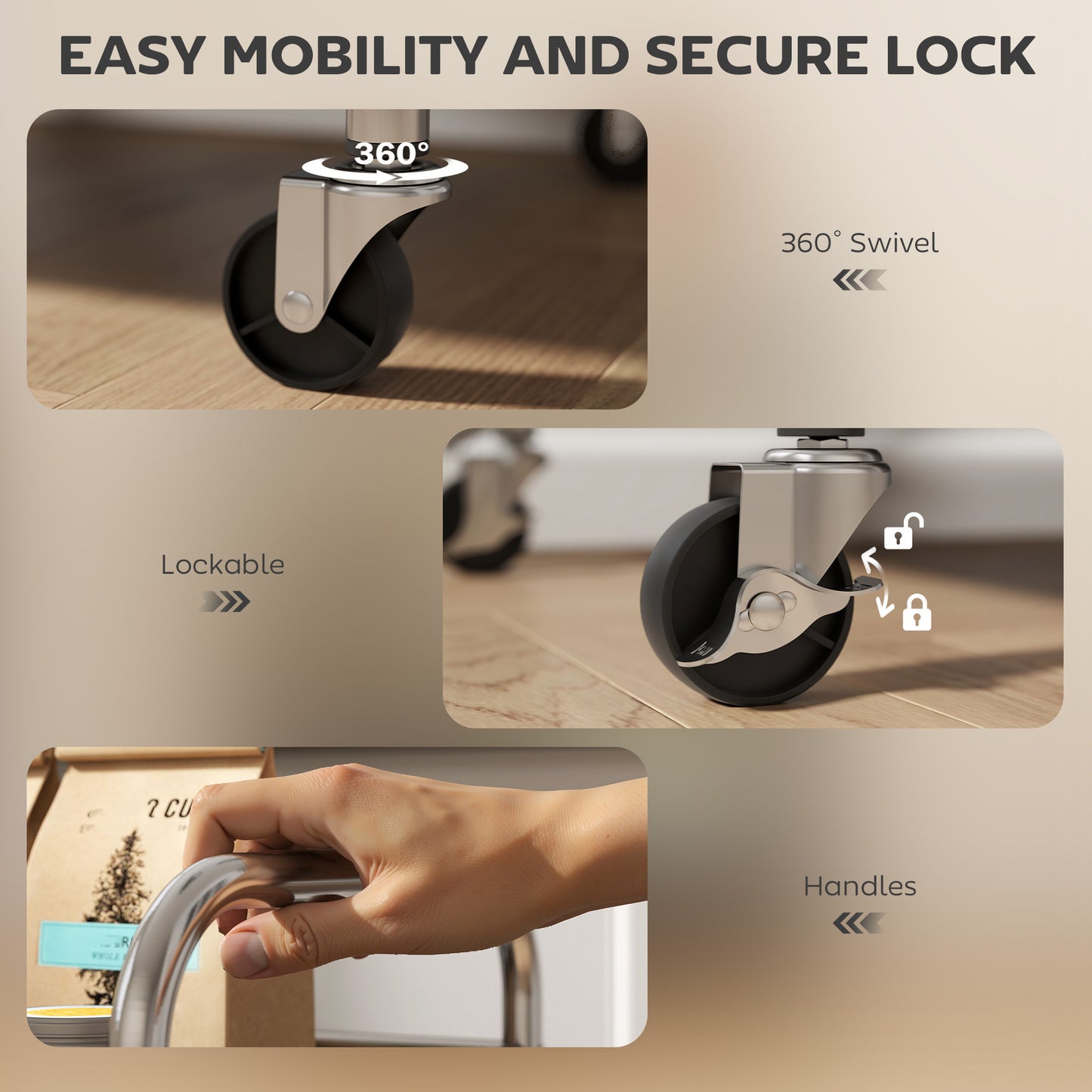 HOMCOM 3 Tier Stainless Steel Kitchen Storage Trolley with Adjustable Shelf - Silver