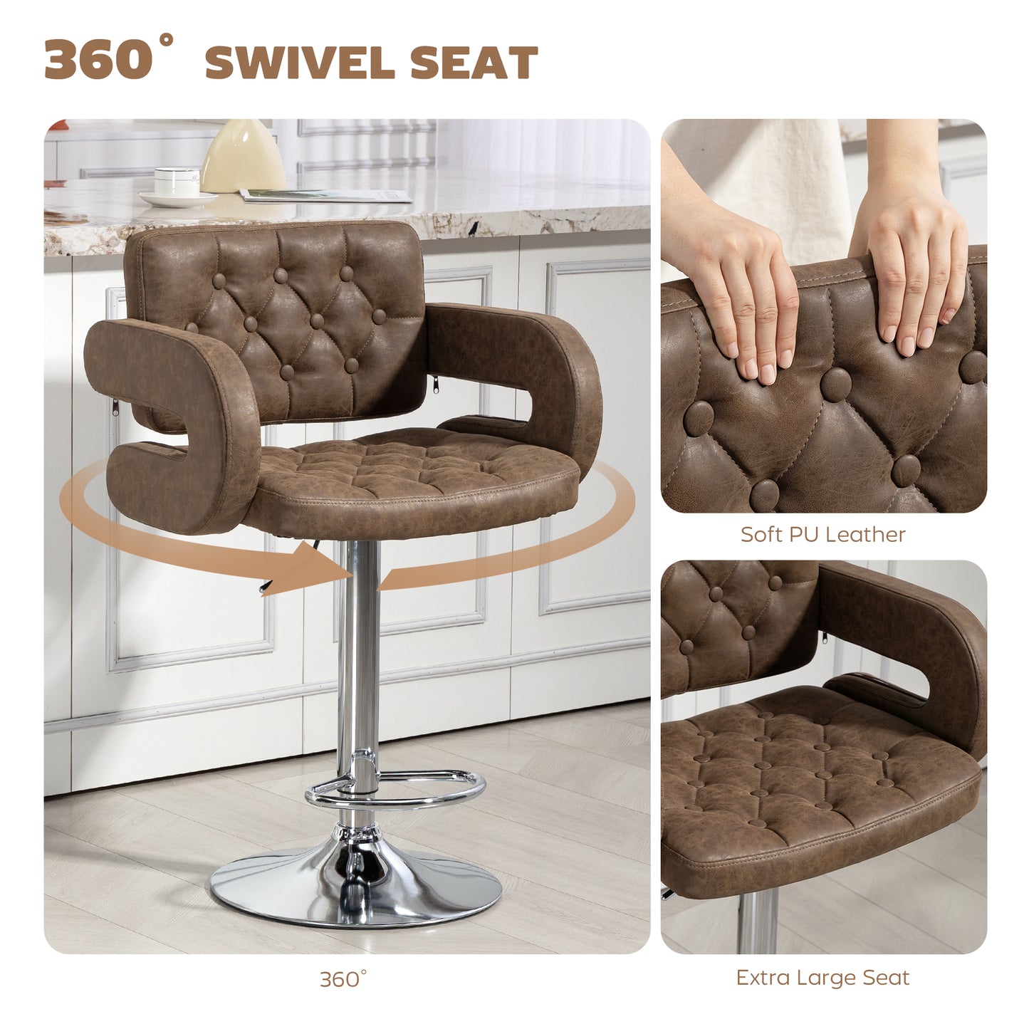 HOMCOM PU Leather Upholstered Swivel Bar Stool, Height Adjustable with Back, Armrest, Footrest, Coffee