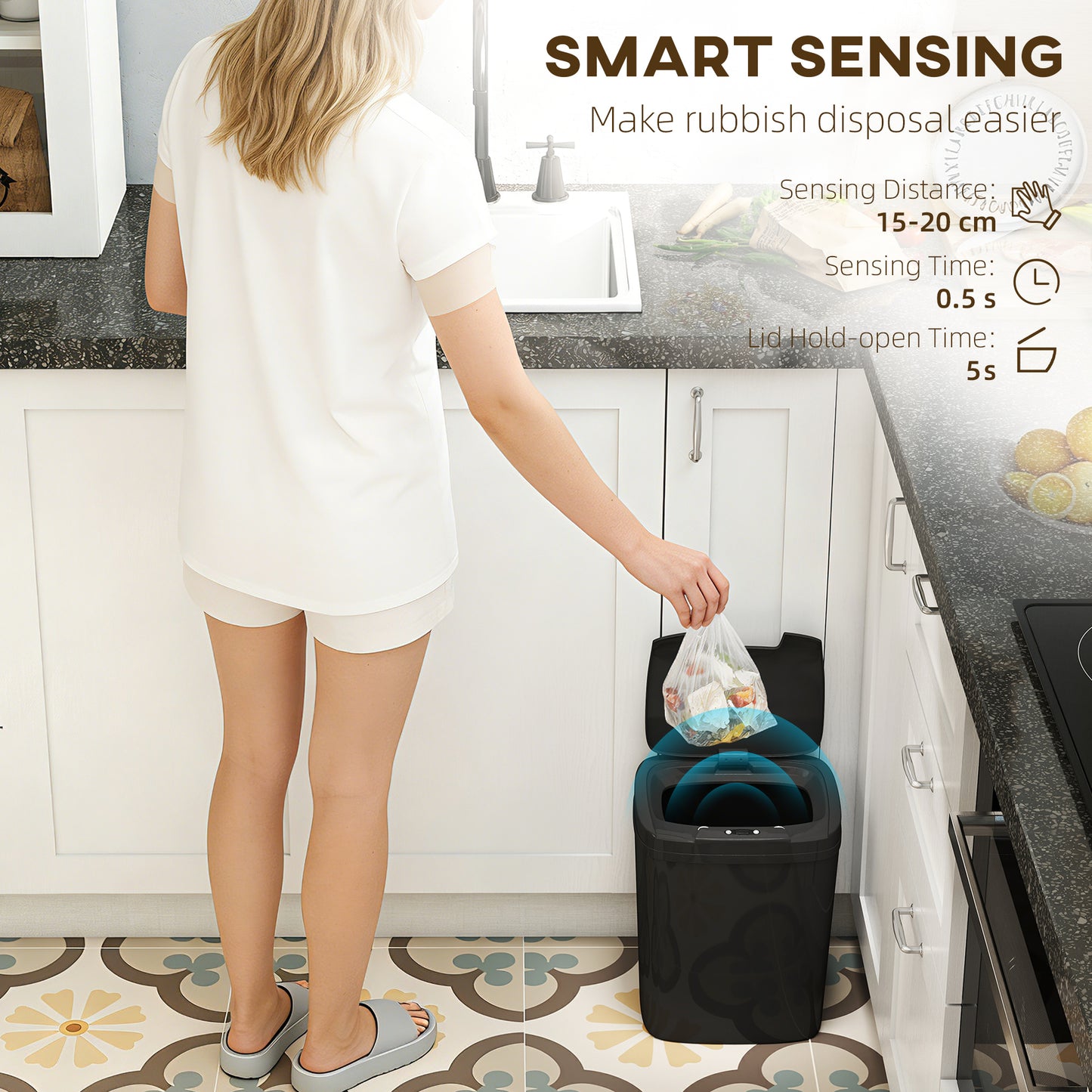 HOMCOM 15L Sensor Bin, Automatic Touchless Kitchen Bin, Easy Clean, Battery Operated for Home Office, Bedroom, Bathroom, Black