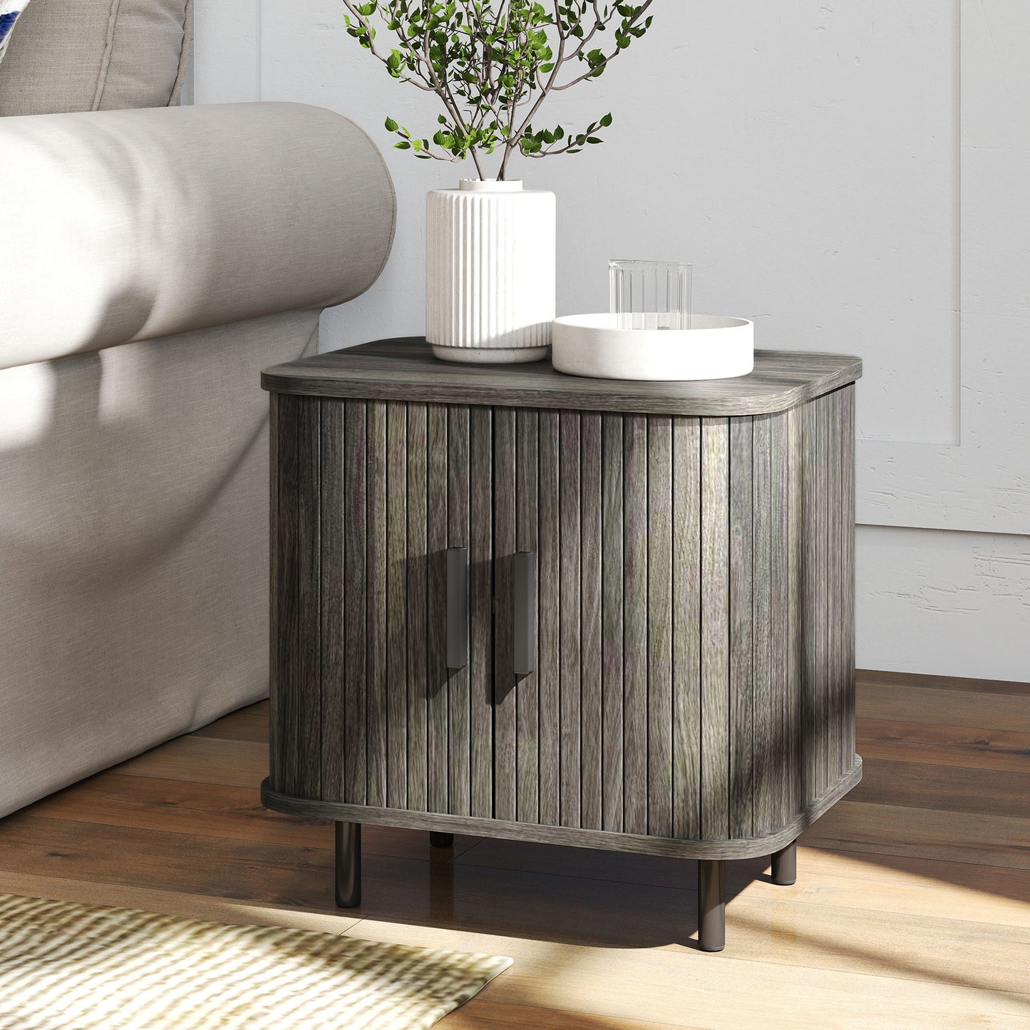 HOMCOM Bedside Table, Nordic Side Table with Roller Shutter Style Sliding Doors and Metal Legs for Bedroom, Living Room, Grey