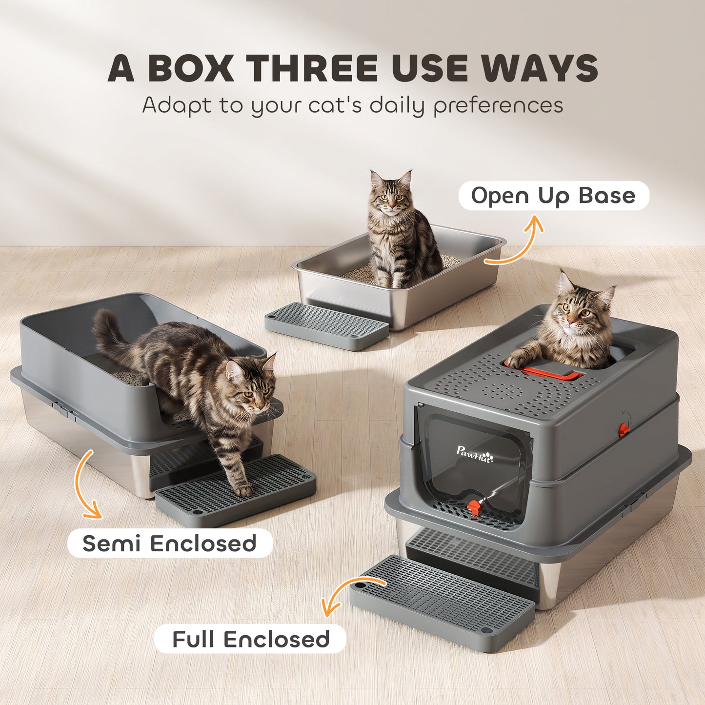 PawHut Stainless Steel Cat Litter Tray with Lid, XL 90L Enclosed Cat Litter Box with Step, Scoop, High Side, Dark Grey
