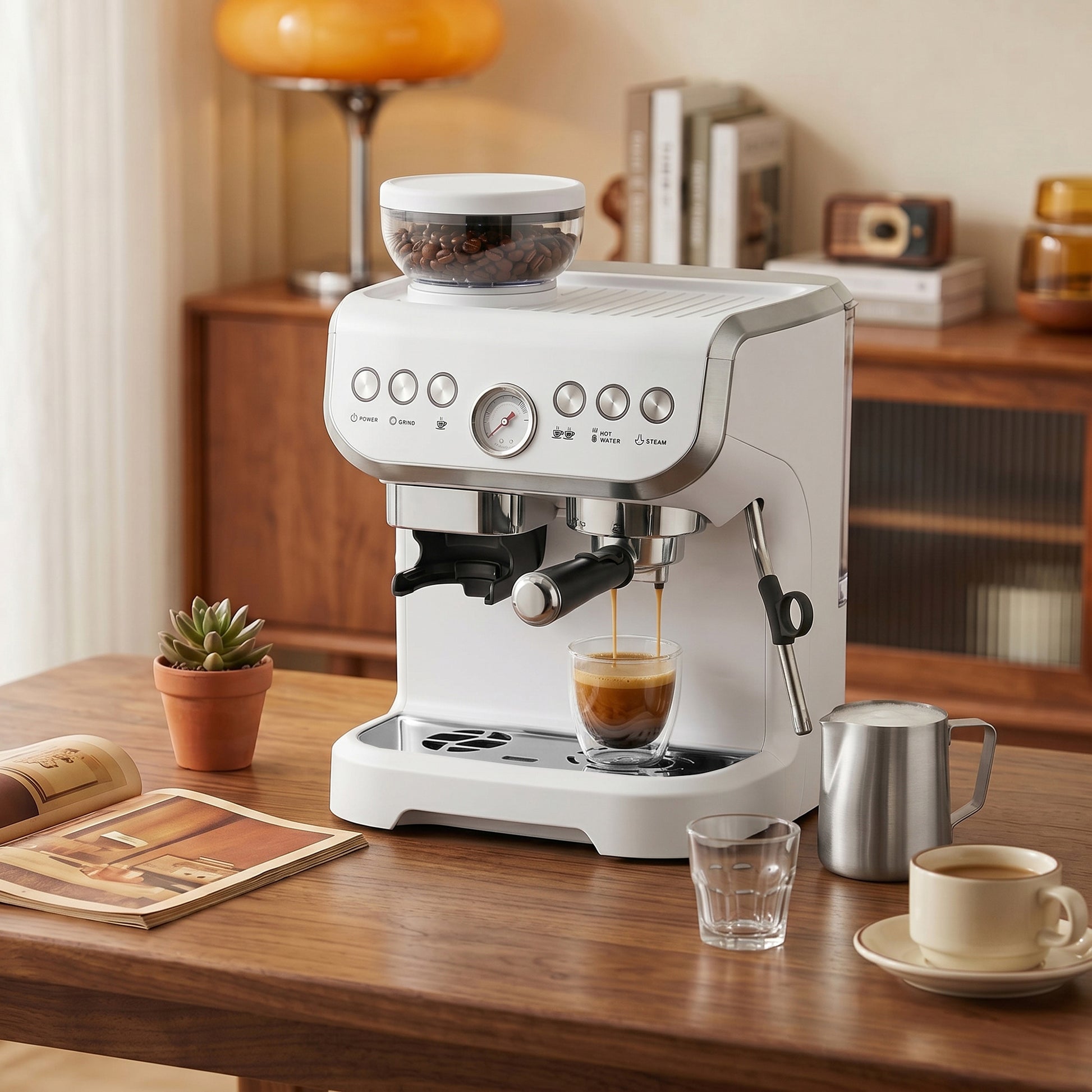 HOMCOM Bean to Cup Coffee Machine, Espresso Machine with Integrated Bean Grinder & Steam Wand, White