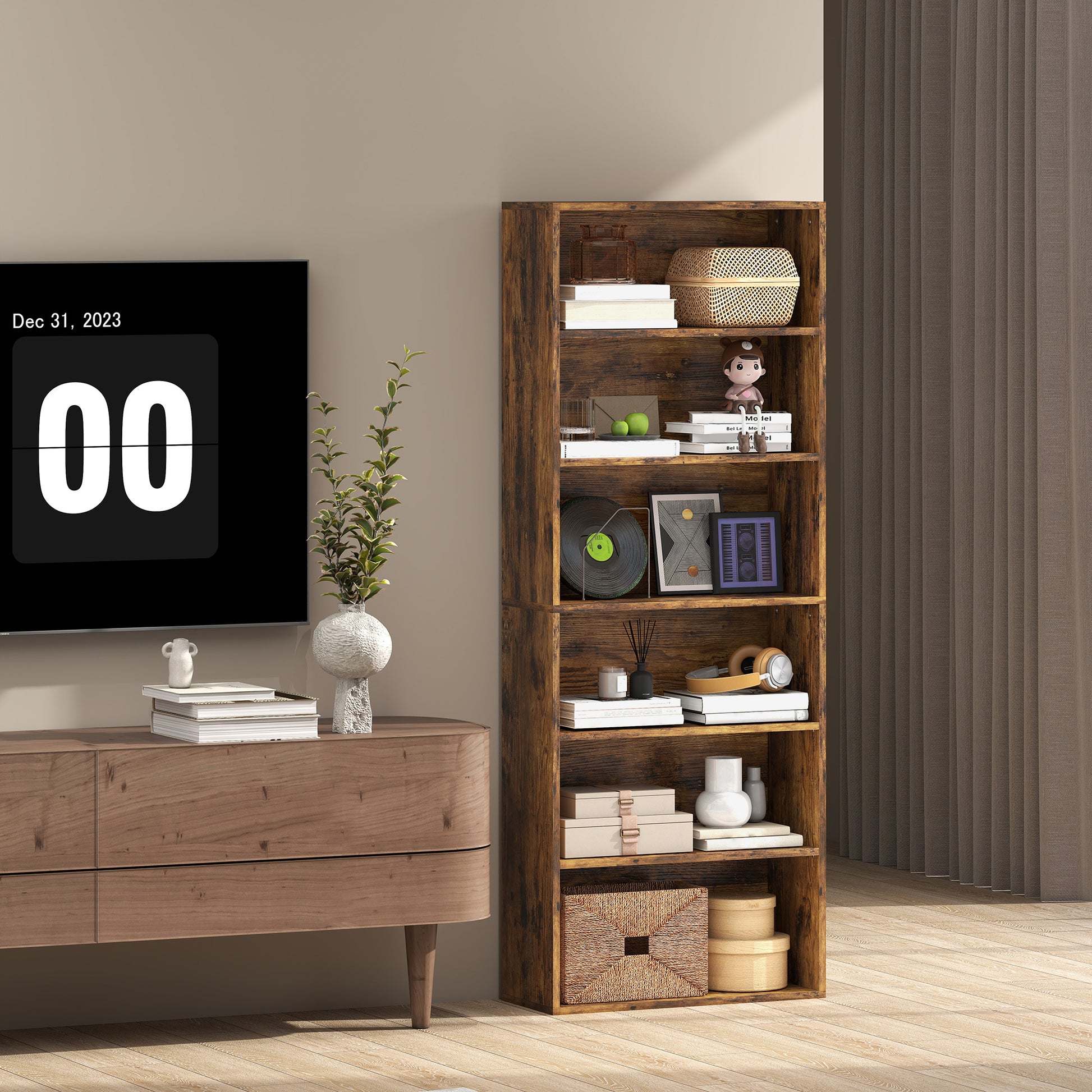 HOMCOM Six Shelf Bookcase - Rustic Brown