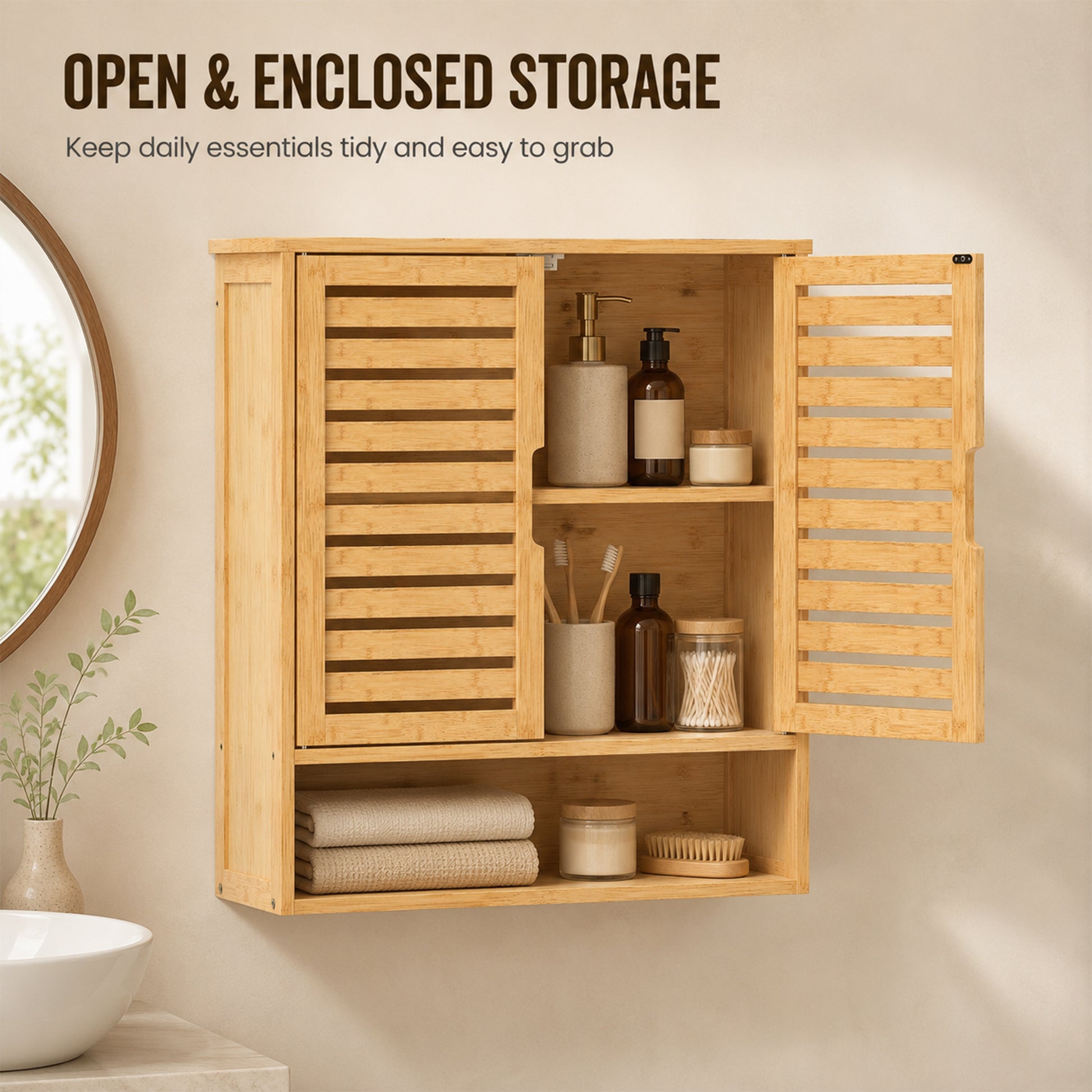 HOMCOM Bathroom Wall Cabinet, Wall Mounted Bathroom Cabinet with 2 Louvered Doors, Open Shelf and Adjustable Shelf Storage