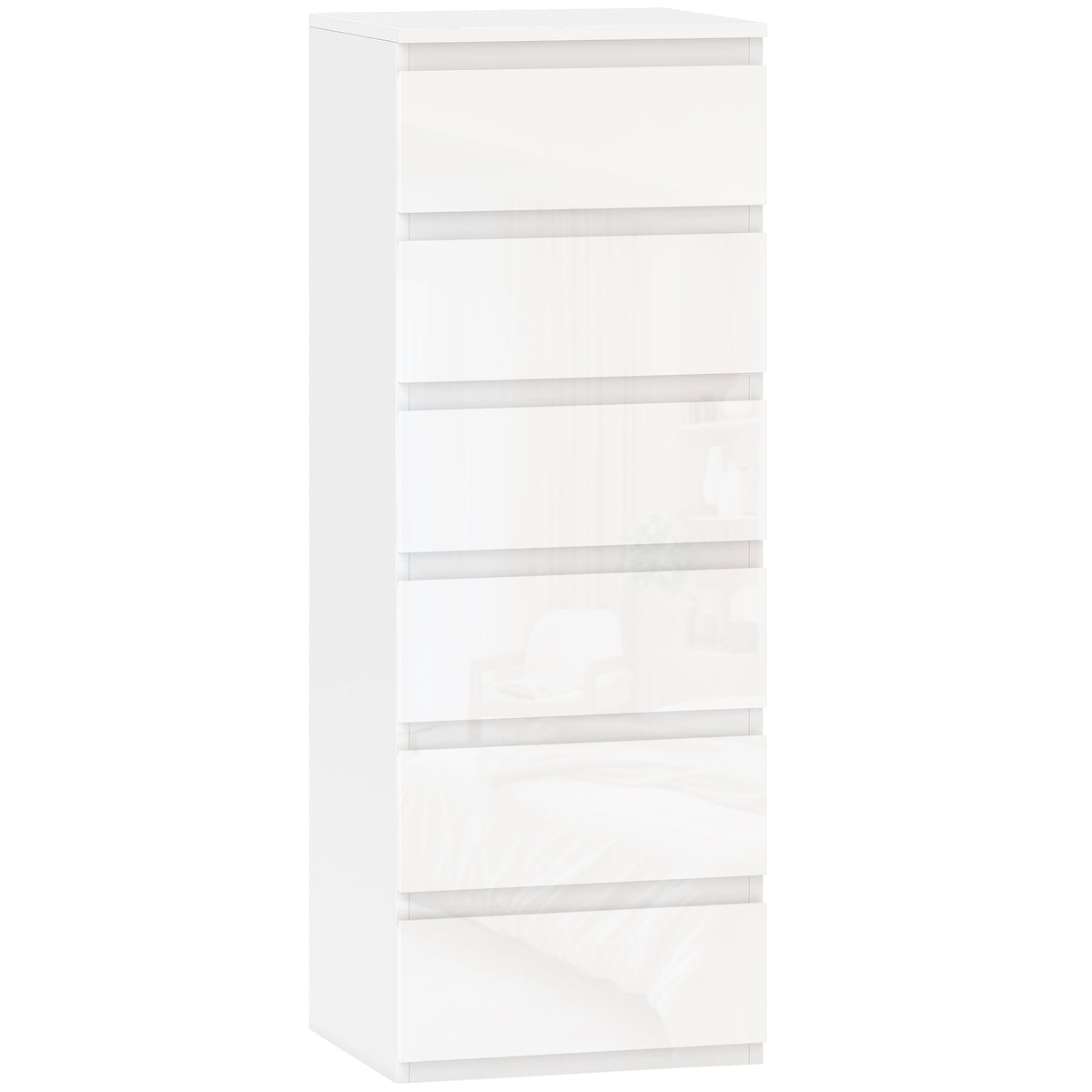 HOMCOM Chest of Drawers High Gloss Finish 6 Drawer Dresser Space Saving Slim Design Handle Free Drawers High-Gloss White Default Title