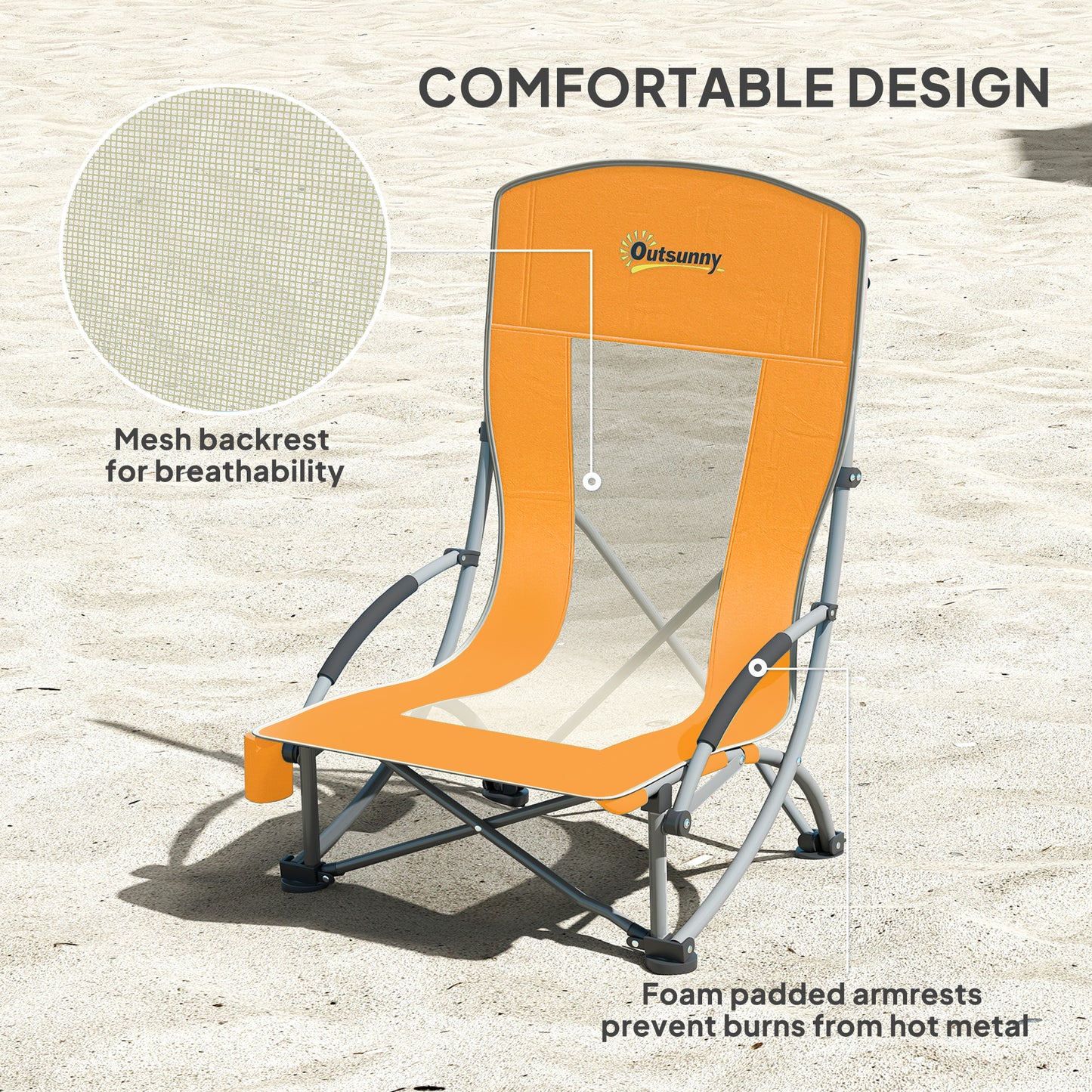 Outsunny Set of 2 Folding Beach Chair, Low Camping Chair with Mesh Back, Carry Bag and Cup Holder for Garden Outdoor Picnic Festival Travel, Orange