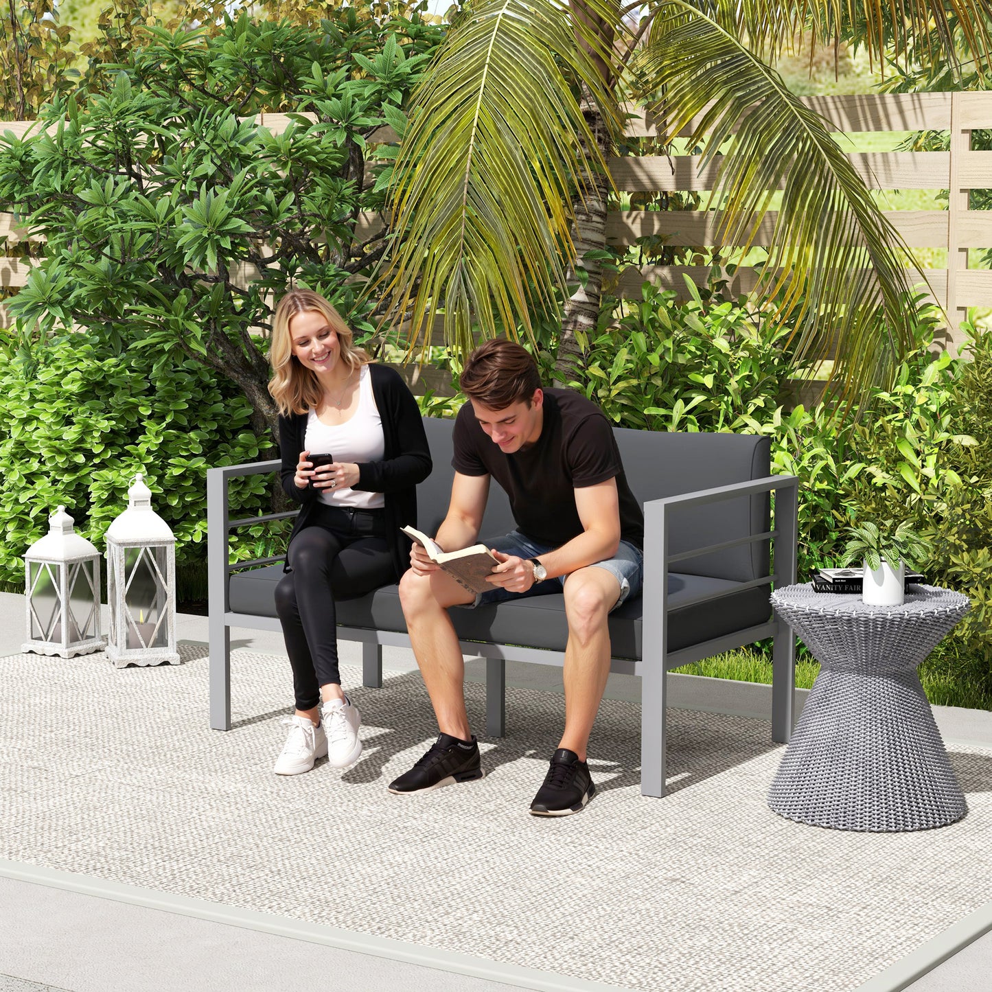 Outsunny Two-Seater Aluminium Garden Sofa - Grey