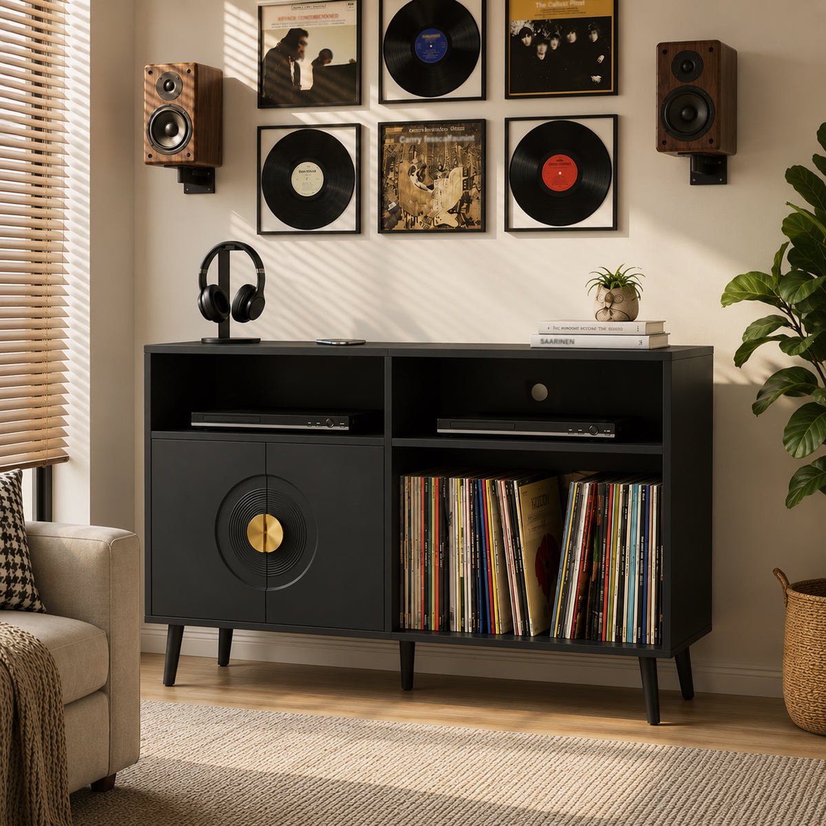 HOMCOM Record Player Stand, Vinyl Record Holder with Storage Holds Up to 300 Albums with Flip-Top Compartment, Black