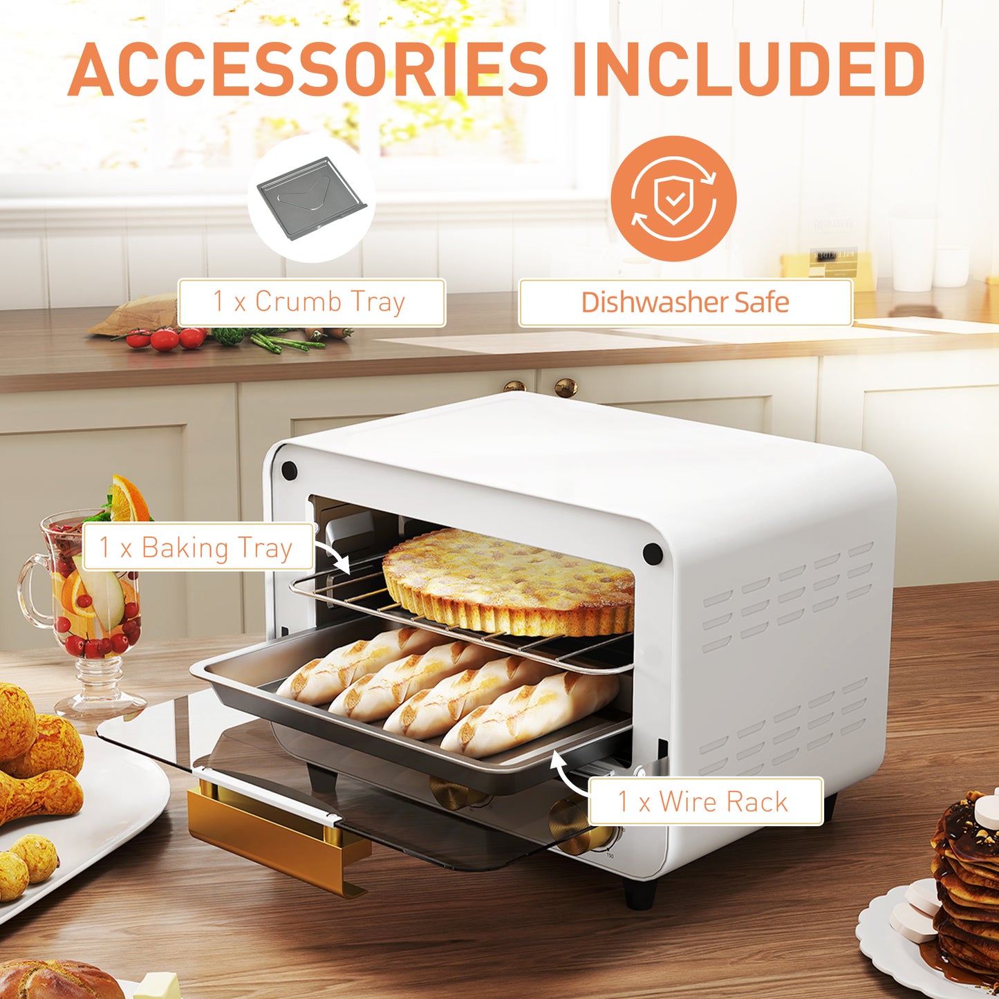 HOMCOM Small Toaster Oven, 12L Multifunction Mini Countertop Oven with Glass Door, Adjustable Temperature and Timer, White