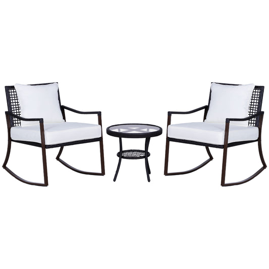 Outsunny Rattan Bistro Set, 3 Pieces Wicker Garden Furniture Set with Rocking Chairs and Round Glass Top Coffee Table, Small Balcony Furniture with Cushions for Outdoor, Porch, Brown