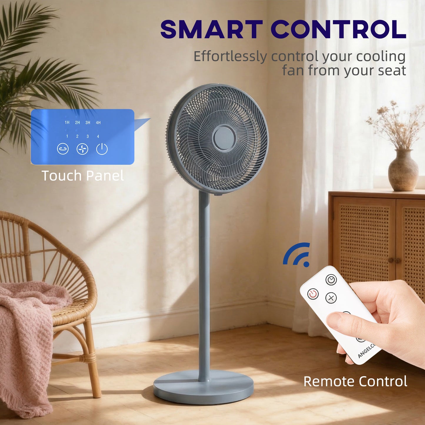 HOMCOM 40 cm Standing Fan, Cooling Floor Fan with 80Â° Oscillating, Adjustable Tilt and Height, 4 Speed, Remote Control, Grey