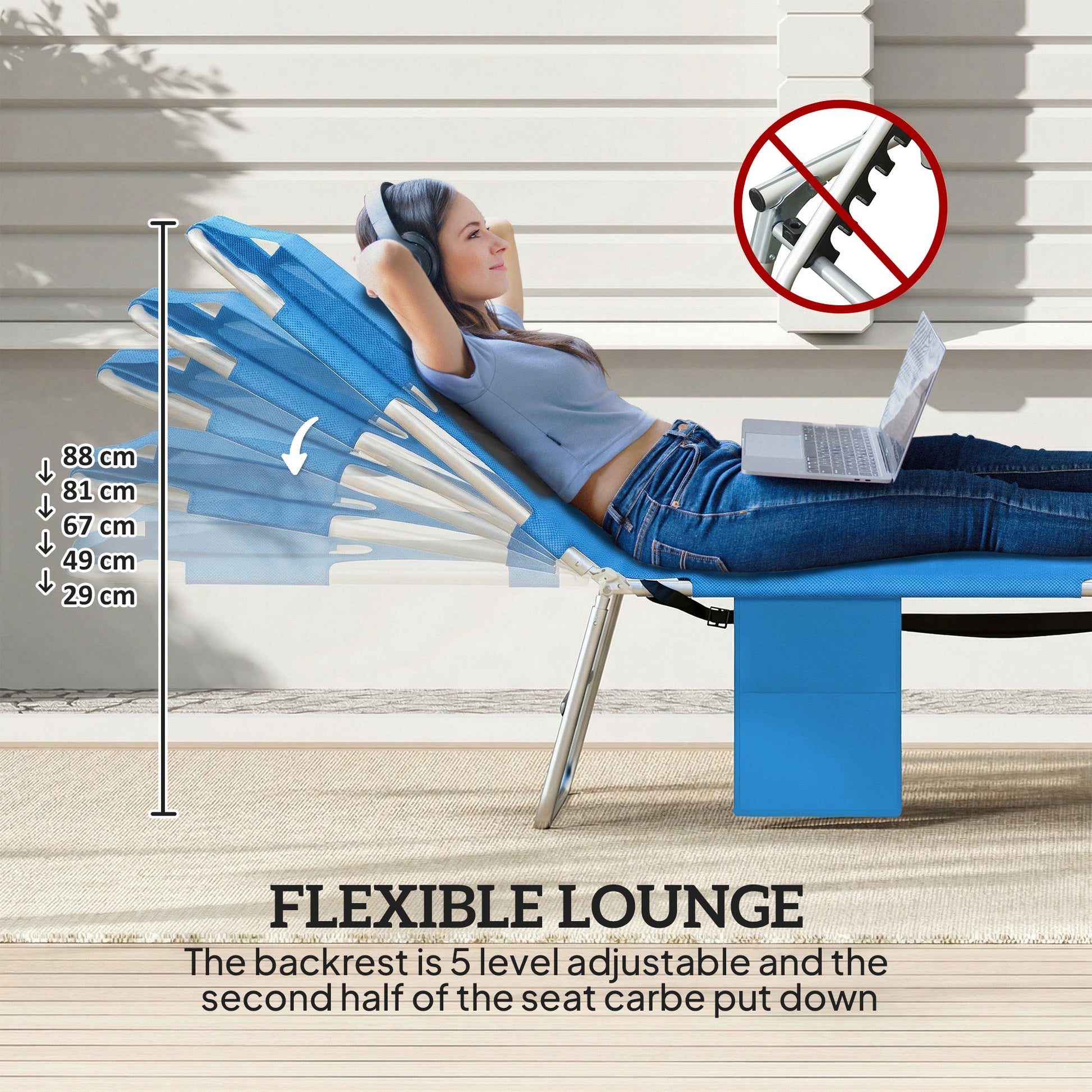 Outsunny 5-Position Adjustable Sun Loungers Set of 2 with Reading Hole and Side Pocket, Blue