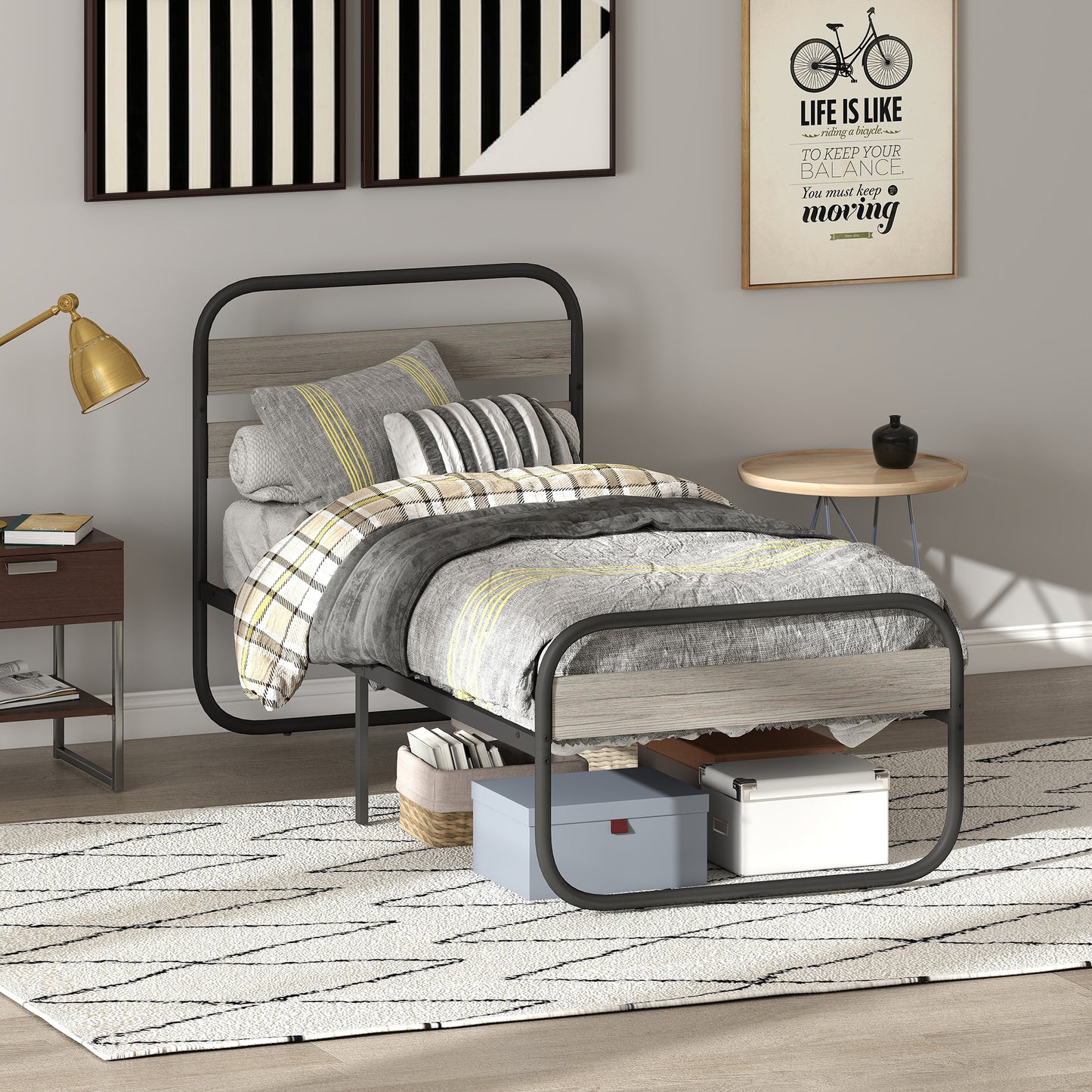 HOMCOM 3ft Single Bed Frame, Industrial Style Metal Platform Bed Frame with Under Bed Storage, No Box Spring Needed, Easy Assembly, Grey