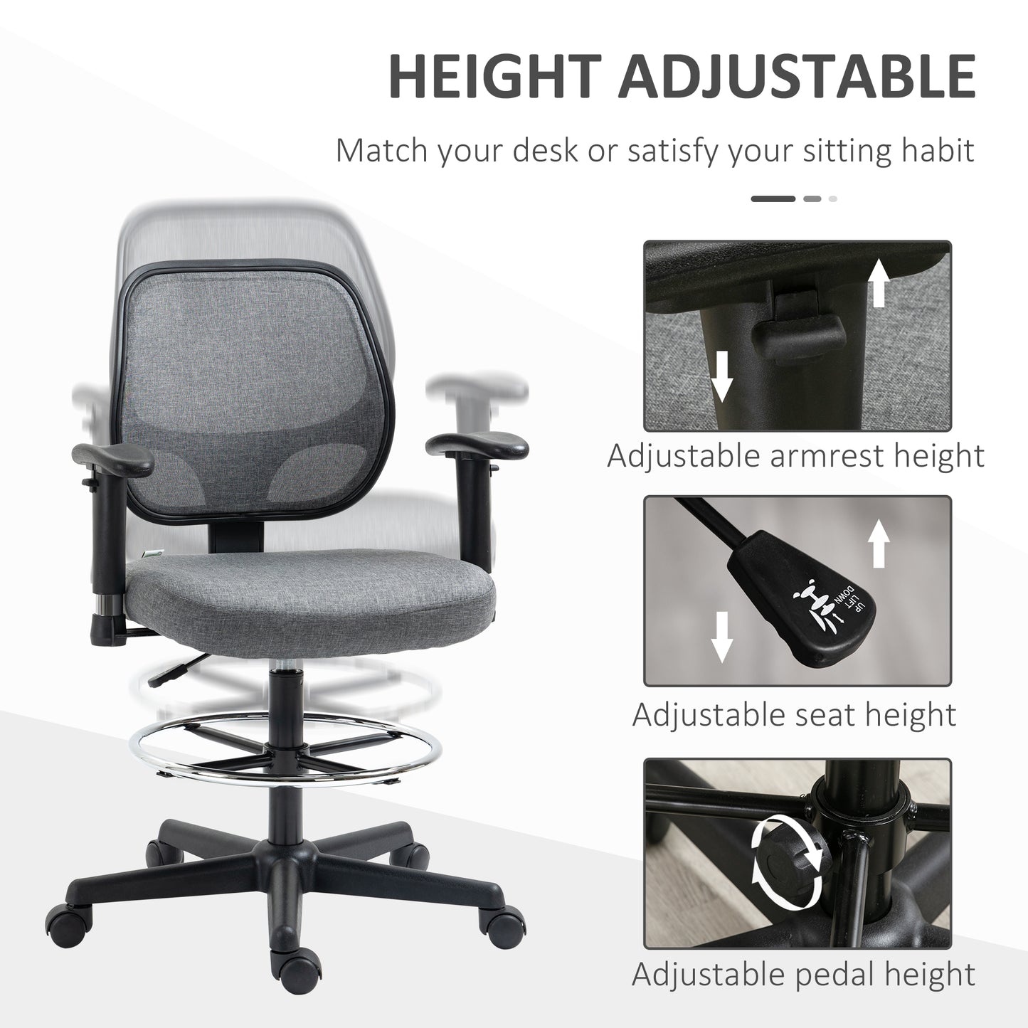 Vinsetto Drafting Chair, Fabric Office Chair, Ergonomic Painting Chair with Height Armrest Adjustable and Foot Ring, 360Â° Swivel Stool Chair for Standing Desk, Grey