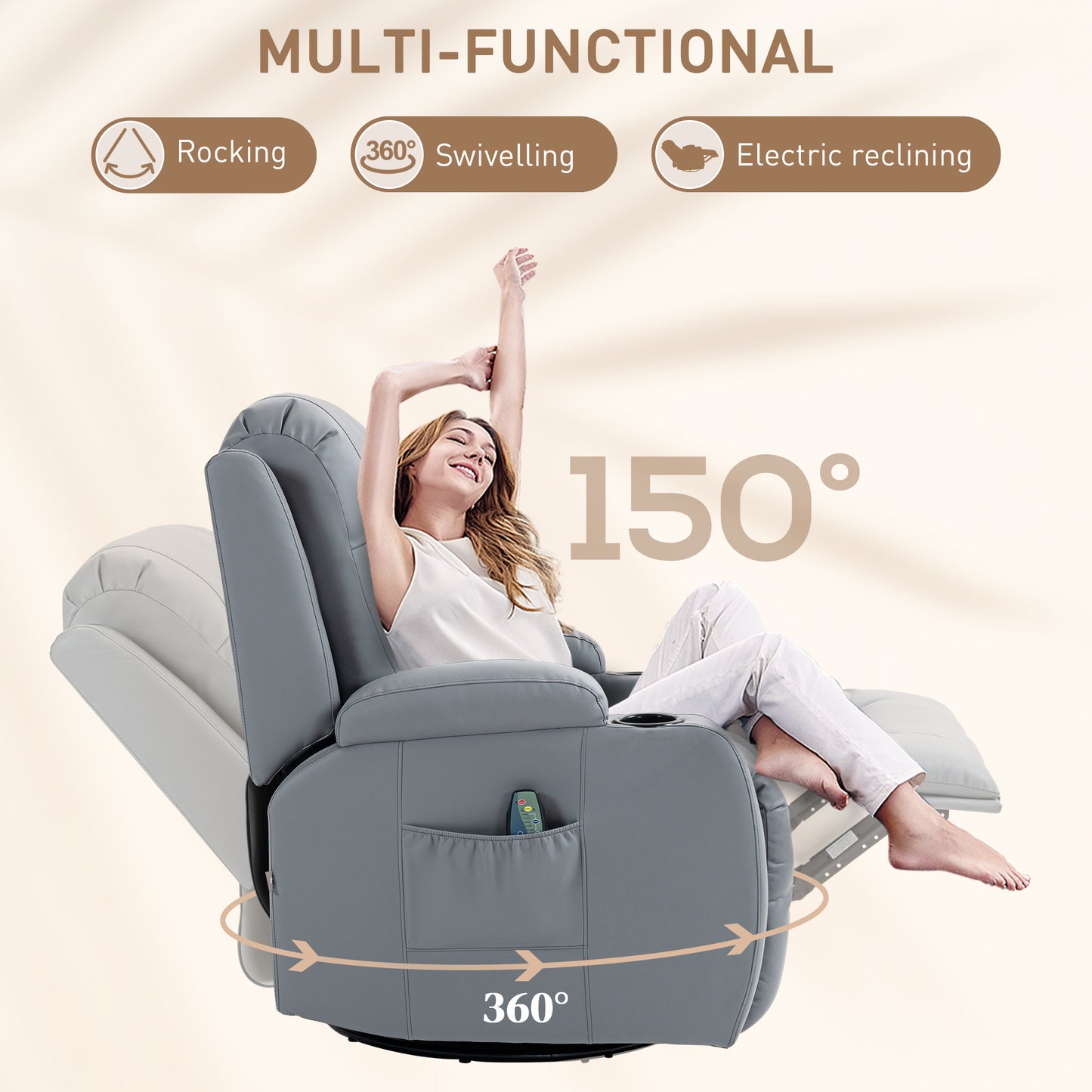 HOMCOM Massage Recliner Chair with 8 Vibration & Heat, PU Leather Recliner Armchair with Cup Holders and Side Pockets, Manual Reclining Chair with Remote, 360Â° Swivel, Rocking, Light Grey