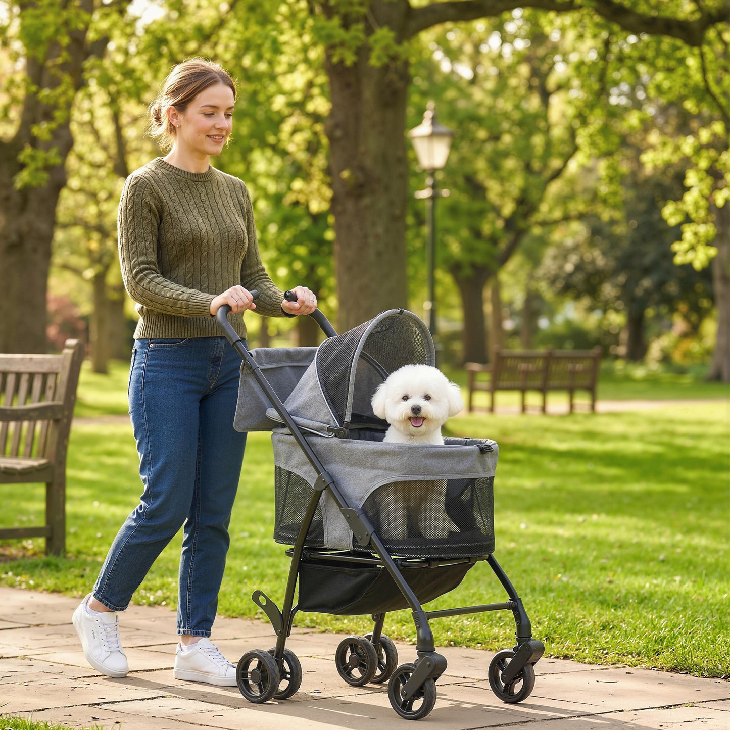 PawHut Pet Stroller, Foldable Dog Cat Stroller with Detachable Carrier, Wheels, Storage Basket, Secure Leash