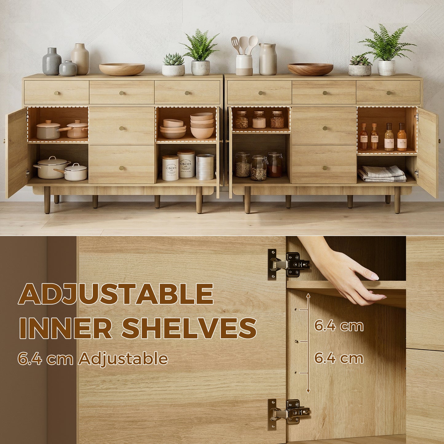 HOMCOM Sideboard with 5 Drawers and 2 Cabinets Buffet Cabinet with Solid Wood Legs 136 cm Walnut