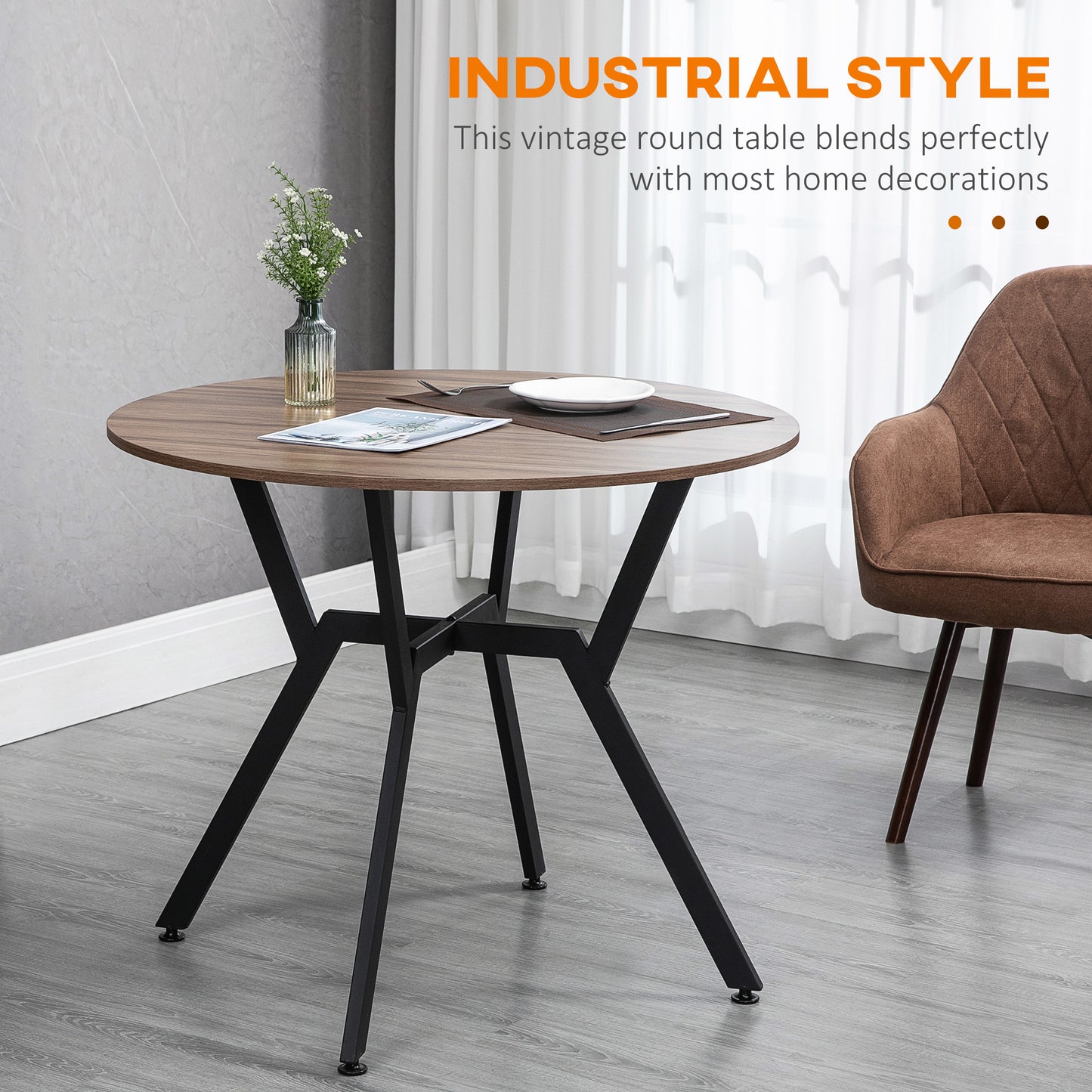 HOMCOM Dining Table, Round Kitchen Table with Black Legs, Anti-slip Foot Pads for Living Room, Dining Room 90 x 76 cm, Brown