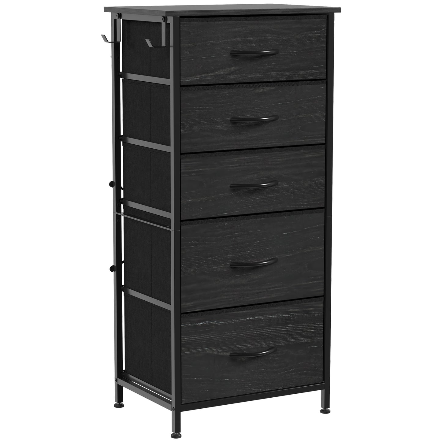 HOMCOM Chest of Drawers, Dresser with 5 Fabric Drawers, Tall Storage Unit with 4 Pockets and 2 Hooks, Steel Frame, Black