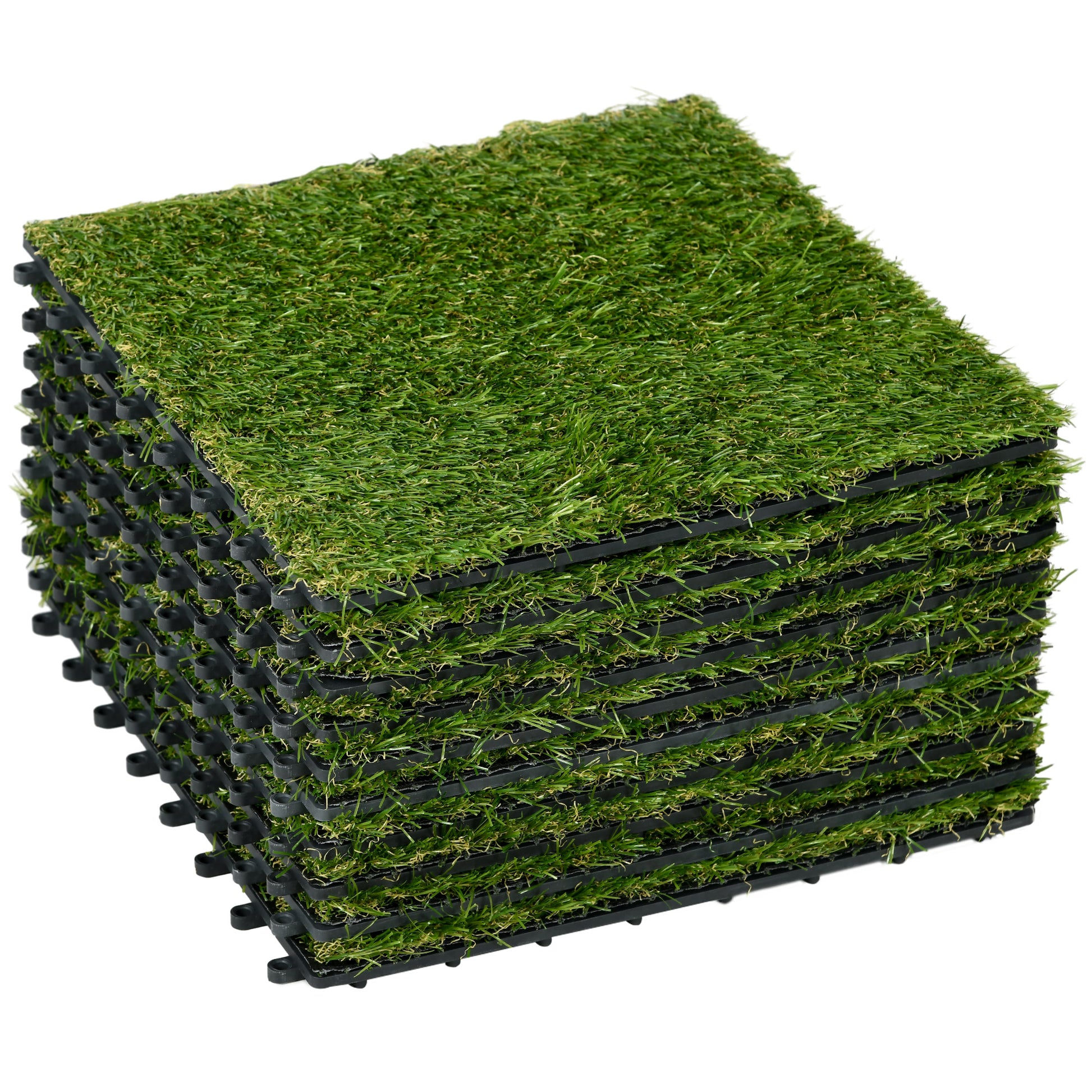 Outsunny 10-Piece Artificial Grass Set, Weatherproof Turf Tiles, 25mm Pile Height, Outdoor Carpet for Garden, Balcony & Patio, 30 x 30cm, Dark Green Default Title