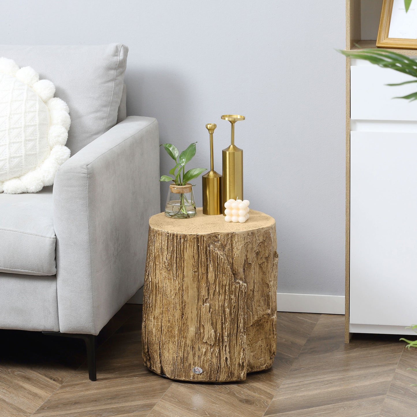 HOMCOM Tree Stump End Table, Round Concrete Side Table for Indoor and Outdoor Use, Natural Wood Effect