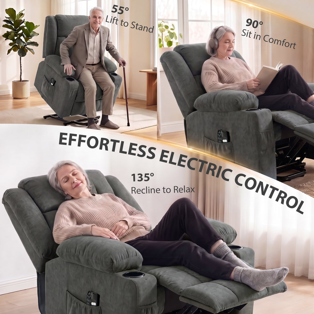 HOMCOM Dual Motor Recliner Chair, 55Â° Electric Lift Chair for Elderly, Recliner Armchair with Massage and Heat, Dark Grey