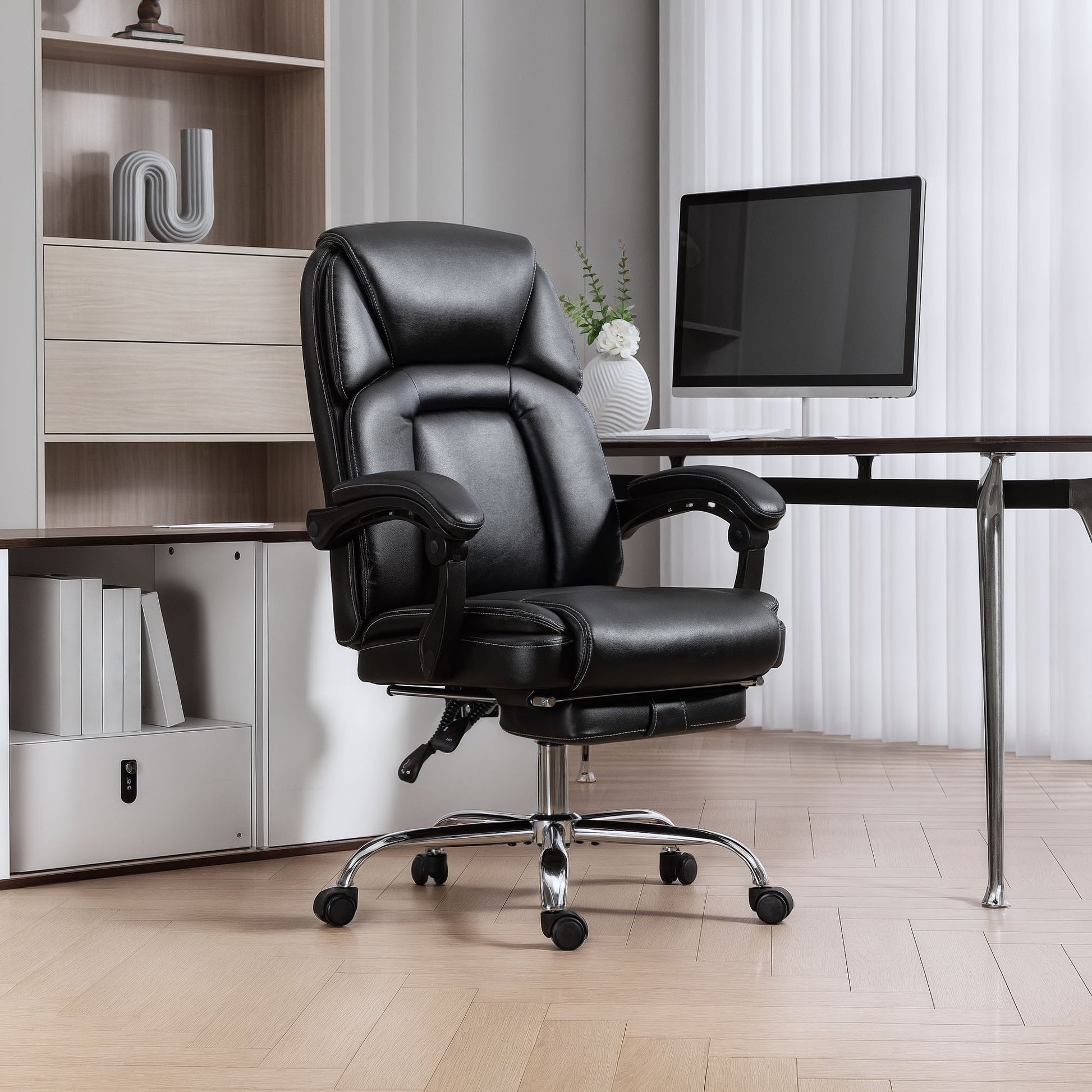 HOMCOM Faux Leather Reclining Office Chair, with Footrest - Black