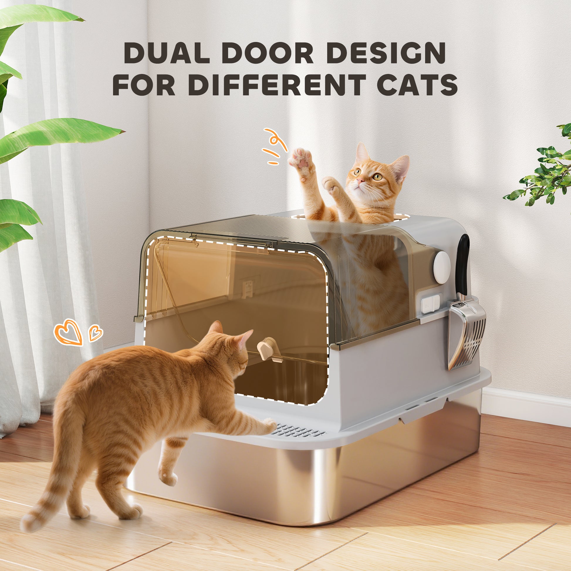 PawHut XXL Stainless Steel Cat Litter Tray, Enclosed Cat Litter Box with 90Â° Flip Cover, Double Doors, Scoop, Easy Clean, Grey