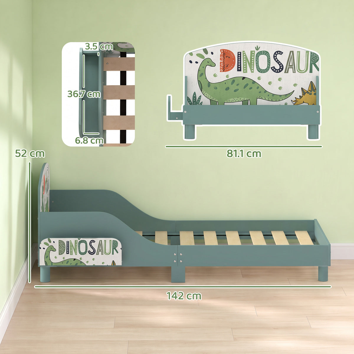 AIYAPLAY Toddler Bed with Bedside Storage and Guard Rails for 3-8, Fits 140 x 70 x 10cm Mattress, Green Dinosaur Print