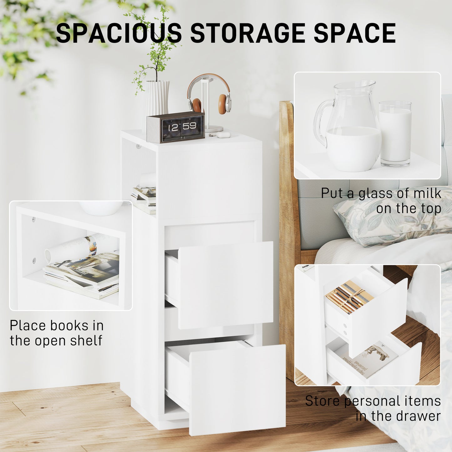 HOMCOM Slim Bedside Table, Narrow Bedside Cabinet with Open Shelf and 2 Drawers for Bedroom, Living Room, White