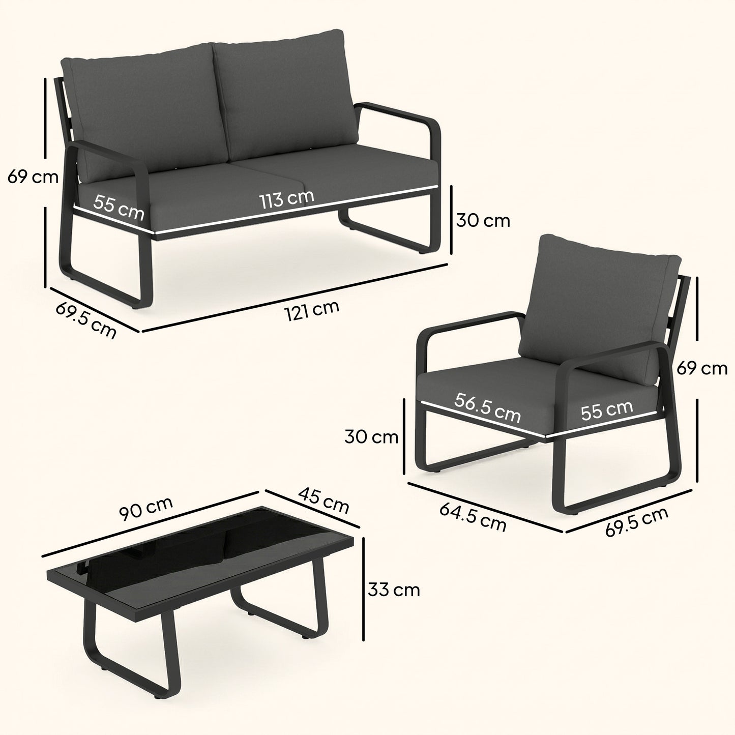 Outsunny 4 Piece Garden Furniture Set, Outdoor Sofa Set with Loveseat, 2 Armchairs, Coffee Table and Cushions