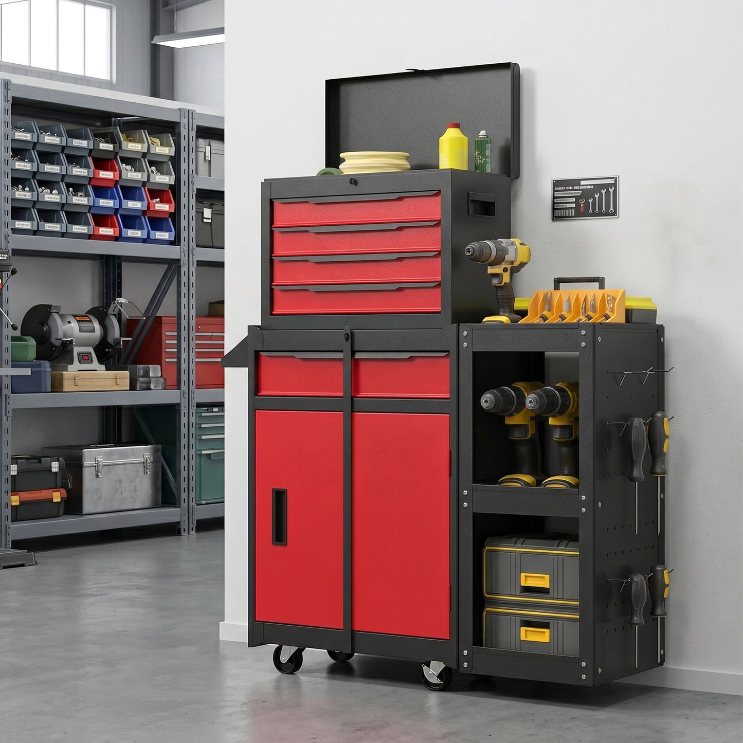HOMCOM Tool Chest, Mobile Modular Tool Box with 5 Drawers, Side Rack, Pegboard, Lock, Tool Cabinet for Garage Workshop, Red
