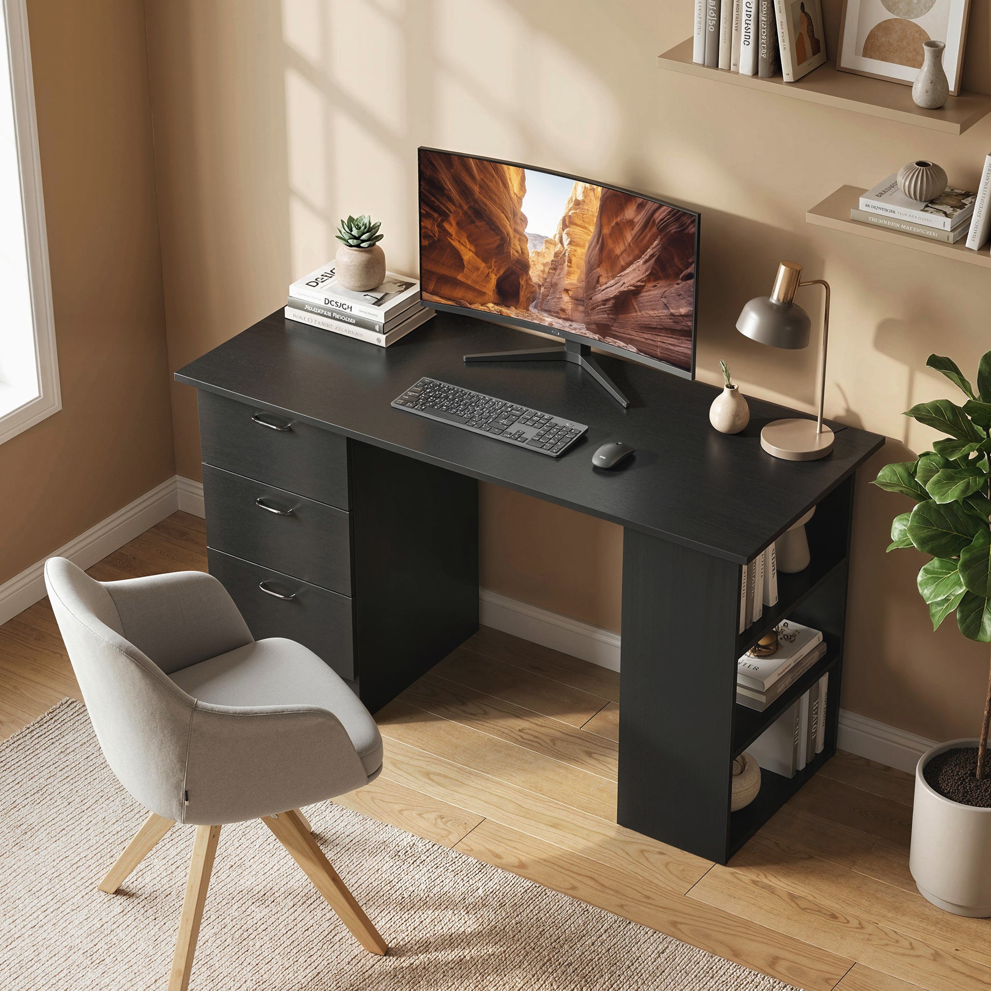 HOMCOM Computer Desk, Writing Table, PC Workstation with 3 Storage Shelves and Drawers, Handle, for Home Office, Black