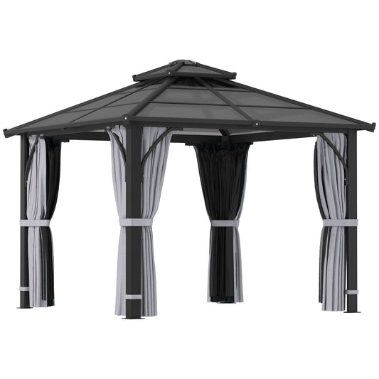 Outsunny 3 x 3(m) Hardtop Gazebo Canopy with 7mm Polycarbonate Double-Tier Roof, Garden Gazebo Permanent Pavilion with Mosquito Netting and Curtains for Patio, Terrace, Dark Grey
