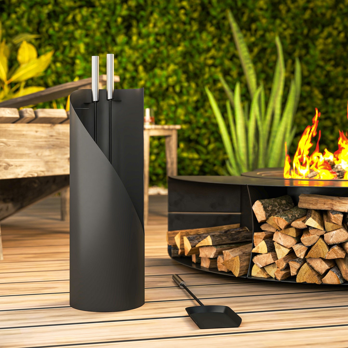 Outsunny 4 Pieces Fireplace Tools Set, Metal Fireplace Accessories Fireside Companion Set with Broom, Shovel, Poker and Bucket, Black